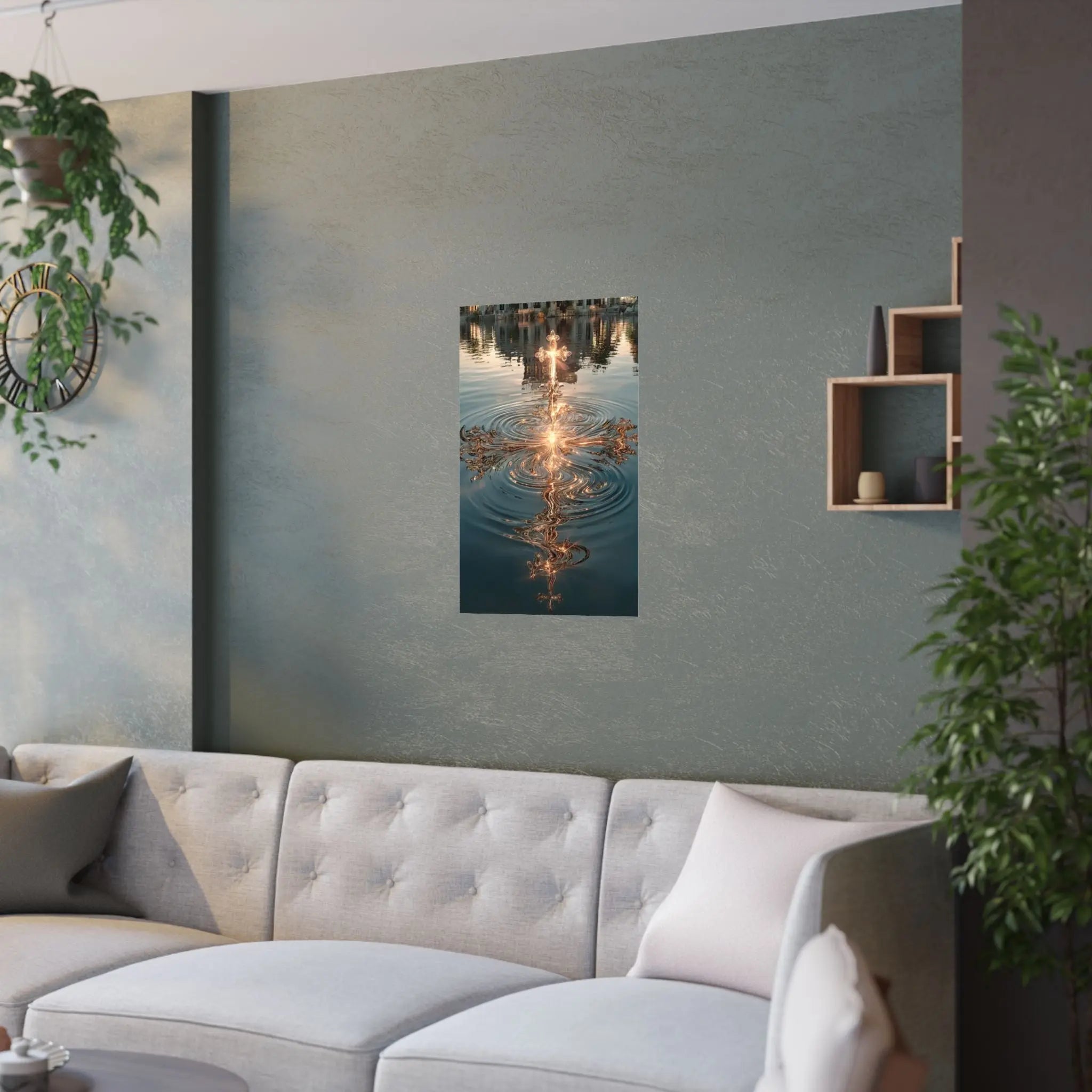 Satin Poster — Golden Cross Water Reflection Art Print Printify