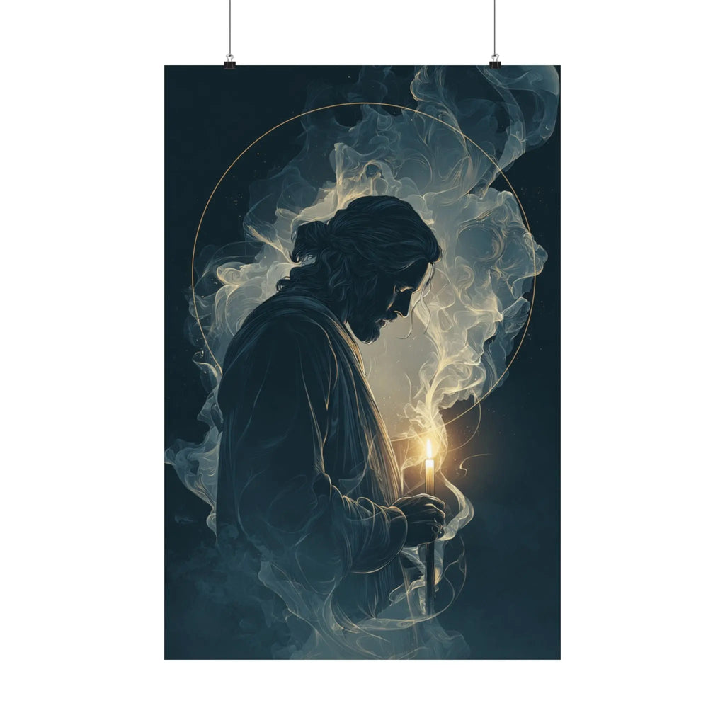 Jesus with Candle Satin Poster — Spiritual Religious Wall Art Printify