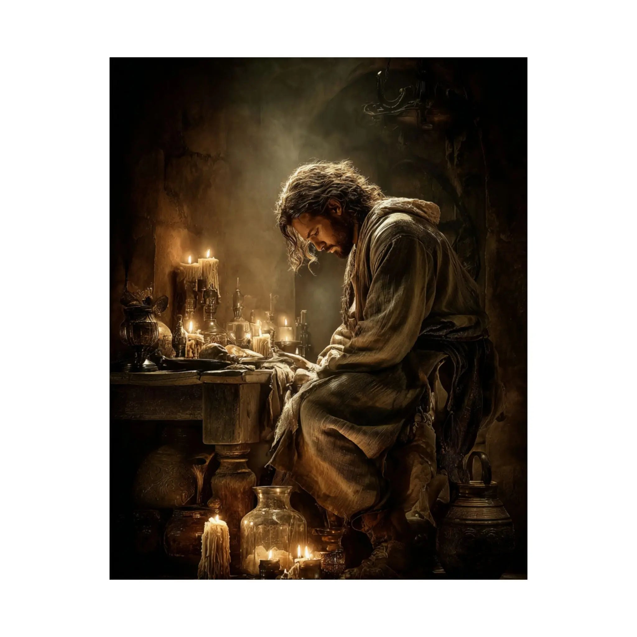 Satin Poster — Candlelit Jesus Prayer Art Print (210gsm) Printify