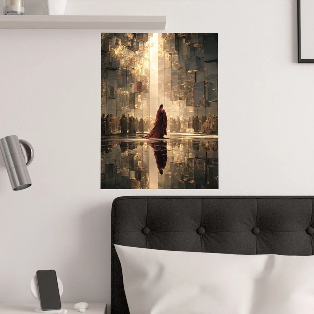 Satin Poster — Jesus in Regal Red Cloak in Golden Reflective Cityscape Printify