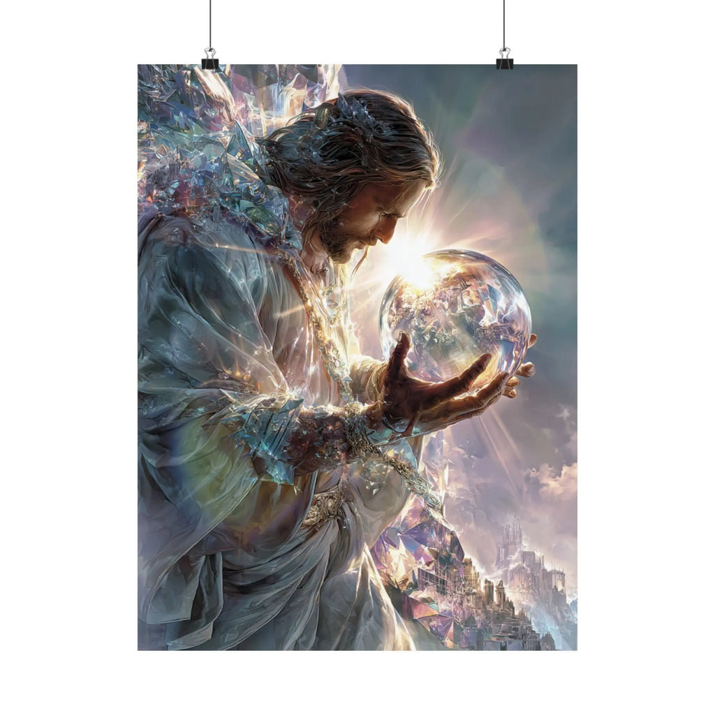 Jesus Holding the World Satin Poster — Spiritual Christian Wall Art Printify