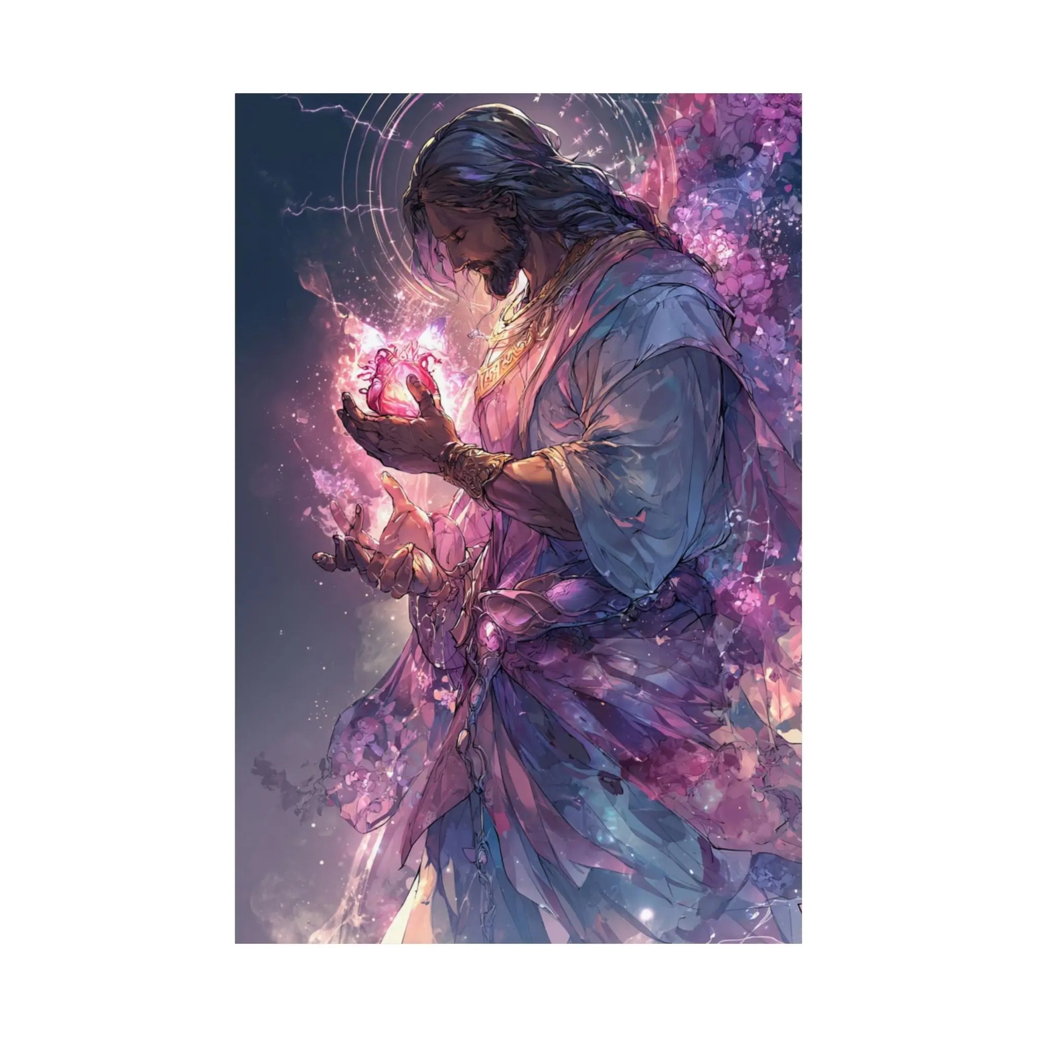 Satin Poster — Radiant Christ Holding Heart Illustration (210gsm) Printify