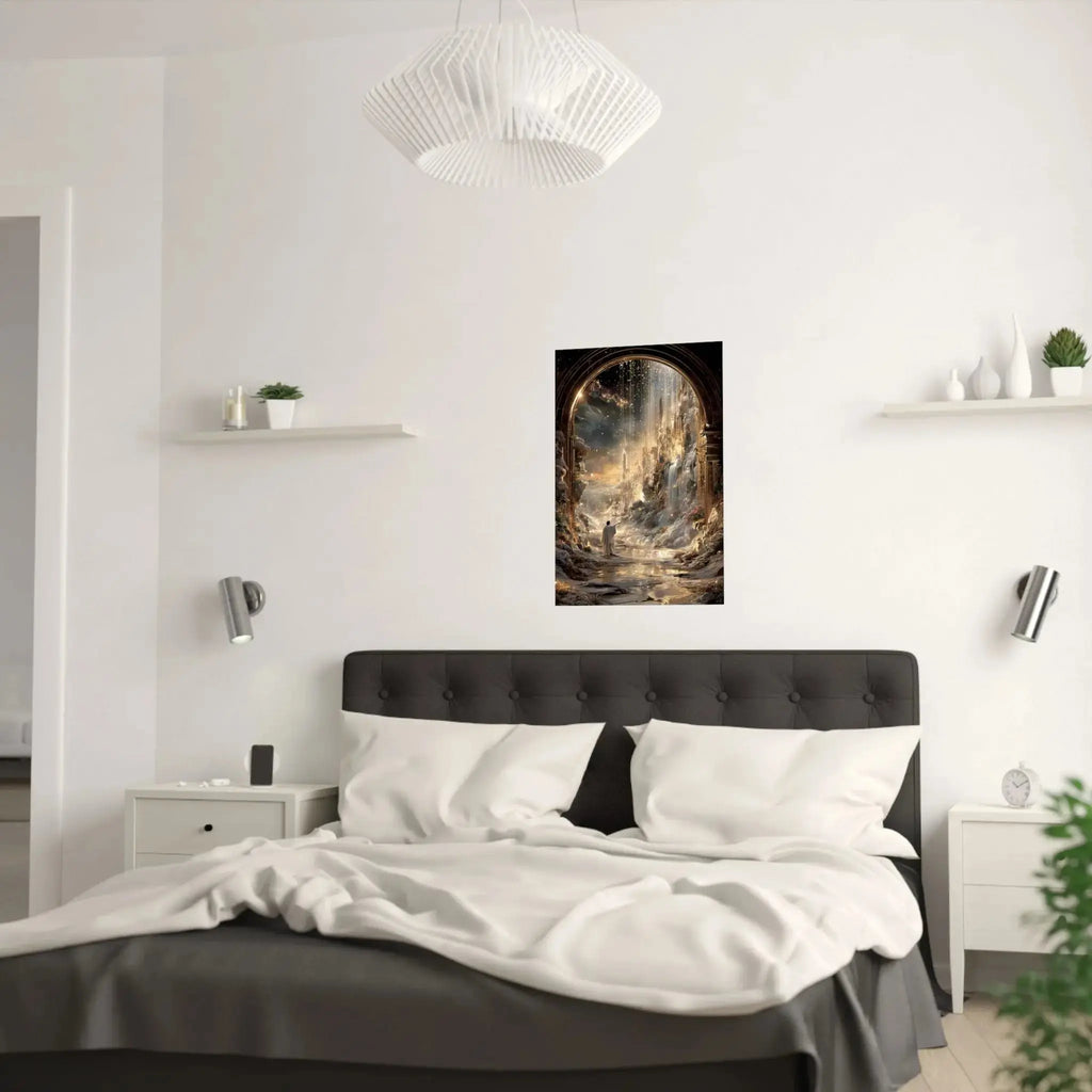 Celestial Gateway Satin Poster — Ethereal Golden Landscape Wall Art Printify