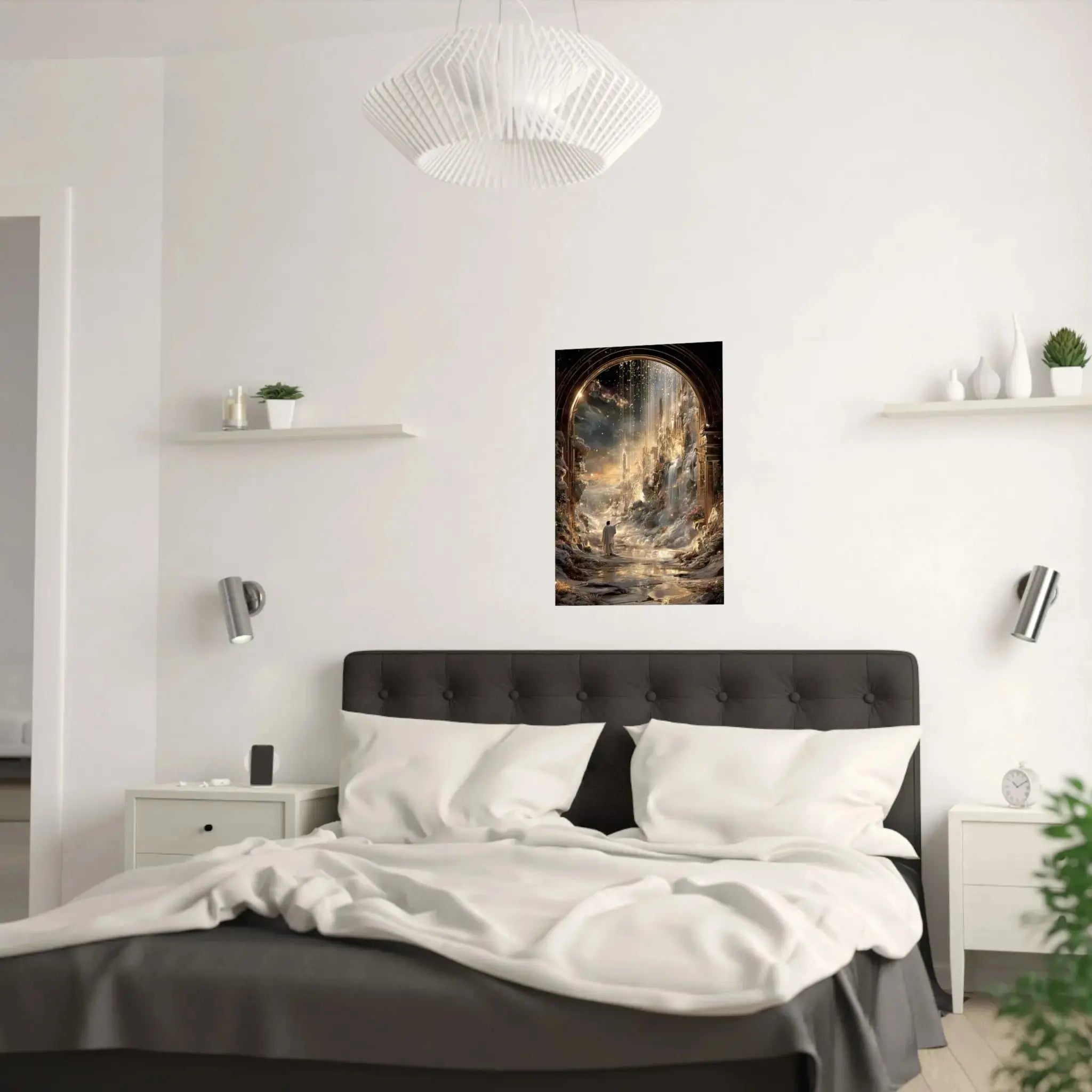 Celestial Gateway Satin Poster — Ethereal Golden Landscape Wall Art Printify