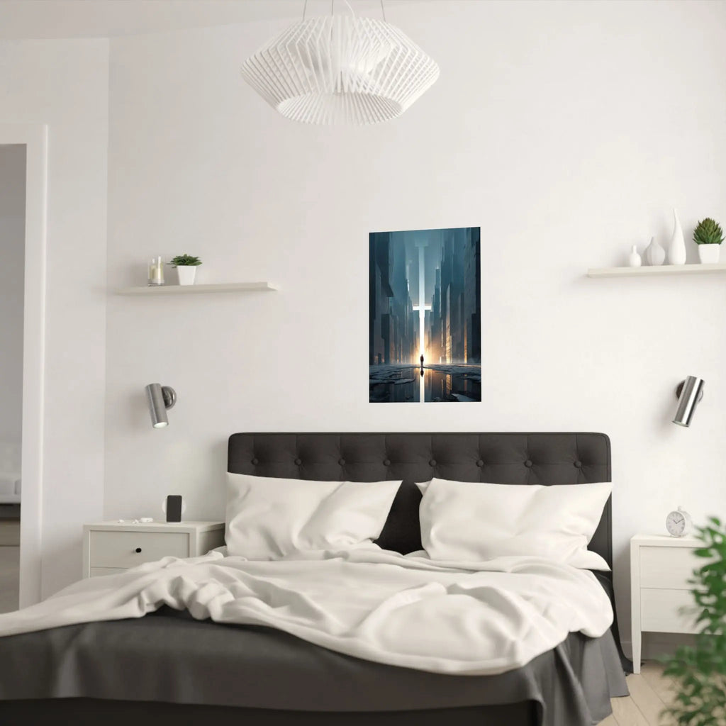 Satin Poster — Solitary Figure in Futuristic Cityscape (210gsm) Printify