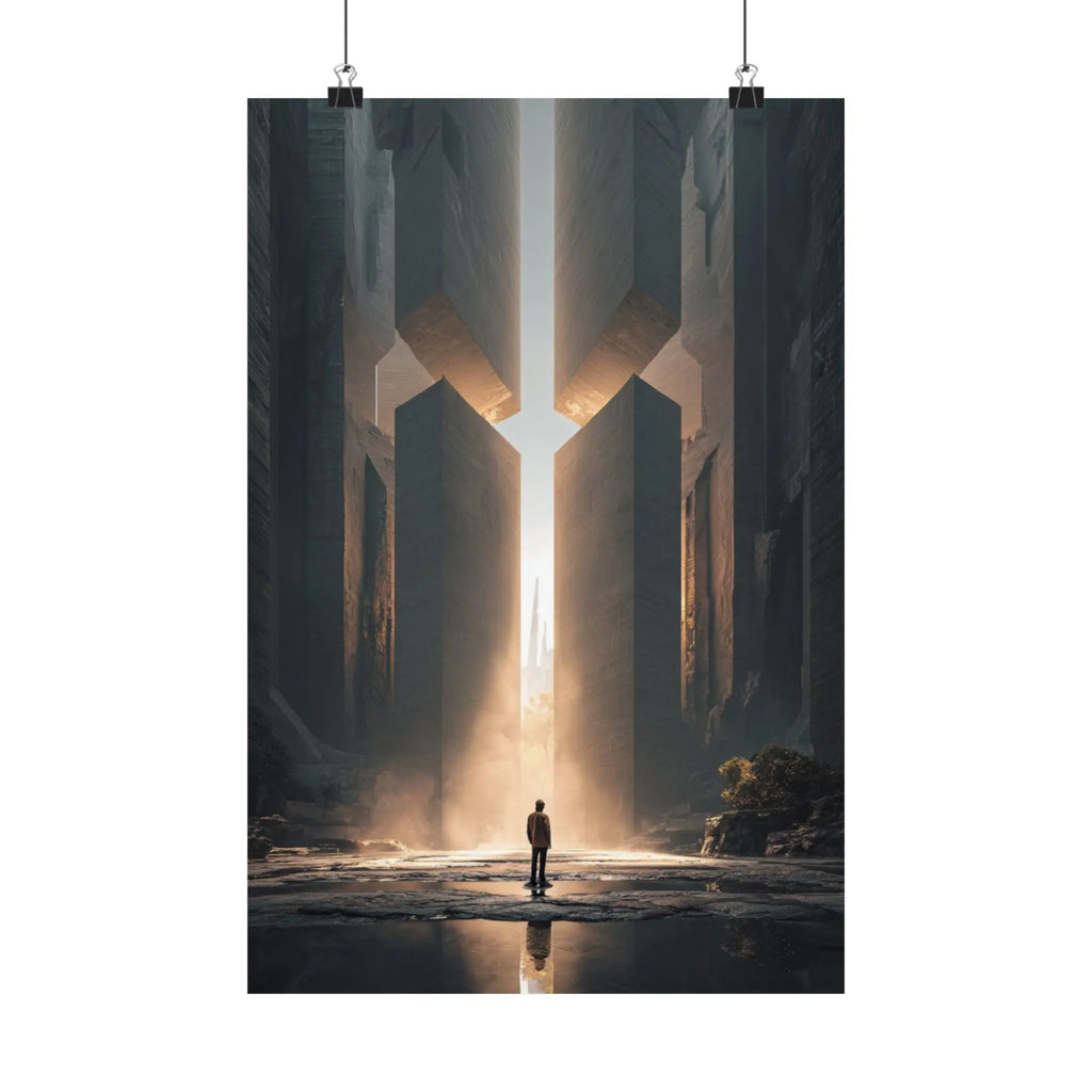 Satin Poster — Solitary Figure at Golden Gateway (Large Art Print) Printify