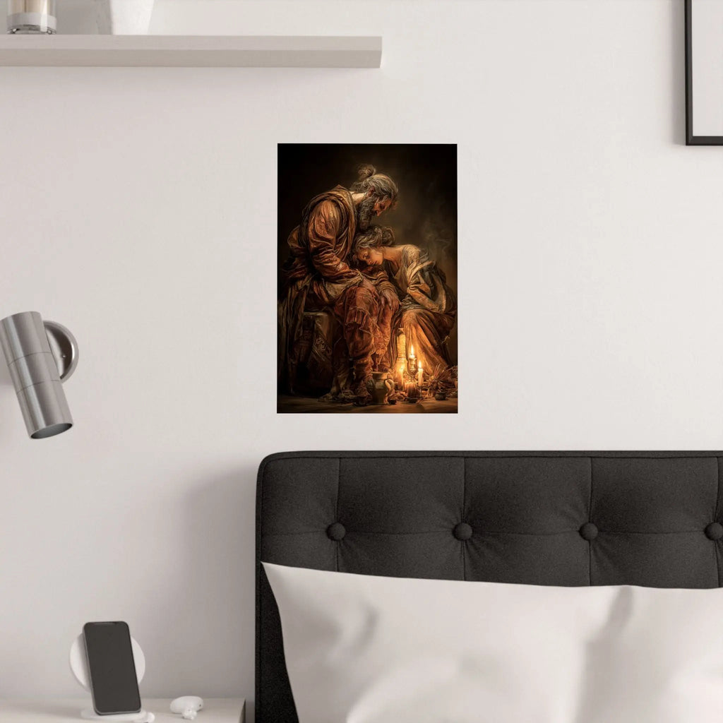 Satin Poster — Tender Candlelit Embrace Vintage Biblical Art Print Printify