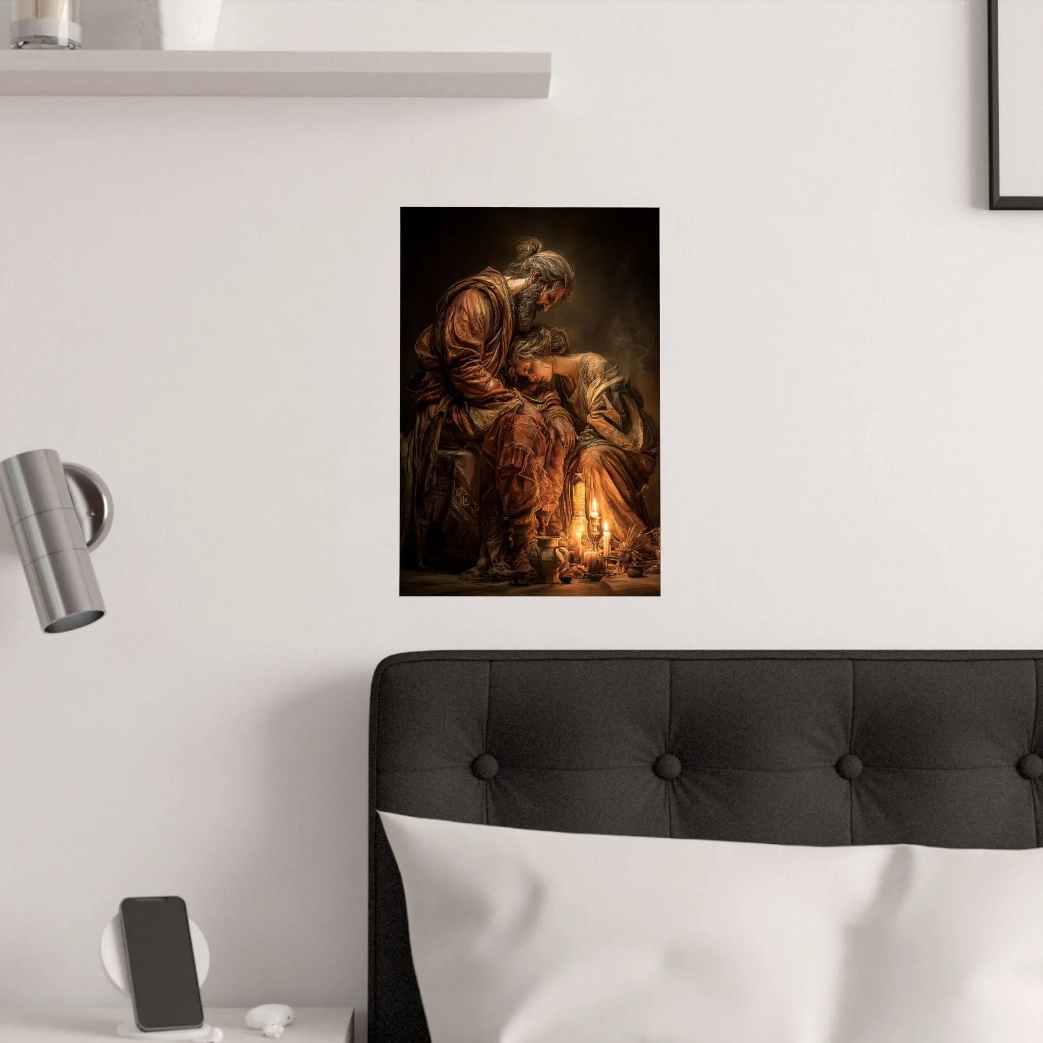 Satin Poster — Tender Candlelit Embrace Vintage Biblical Art Print Printify