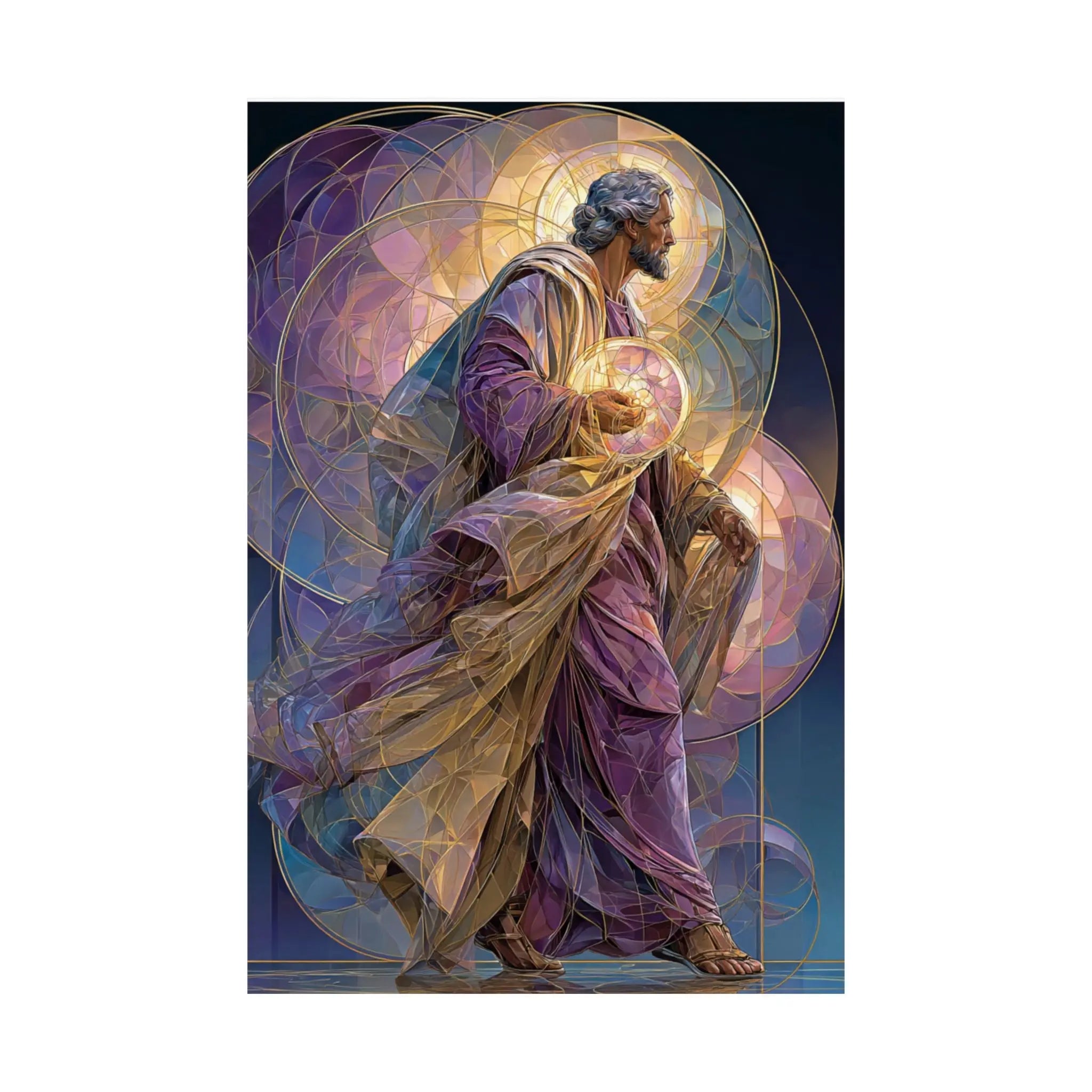 Religious Art Poster — Stained-Glass Saint Holding Orb Satin Print Printify