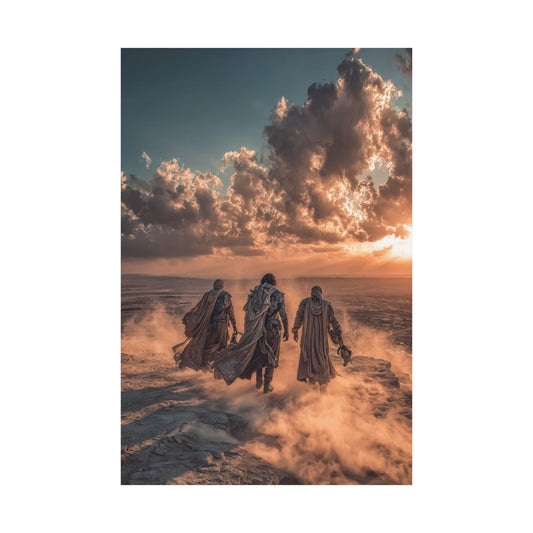Desert Wanderers Satin Poster – Cinematic Sunset Adventure Wall Art