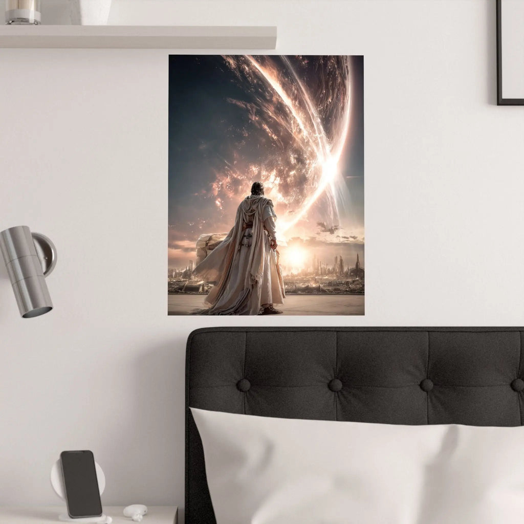 Epic Sci‑Fi Poster — Lone Figure Walking Toward Stellar City (Satin 210gsm) Printify