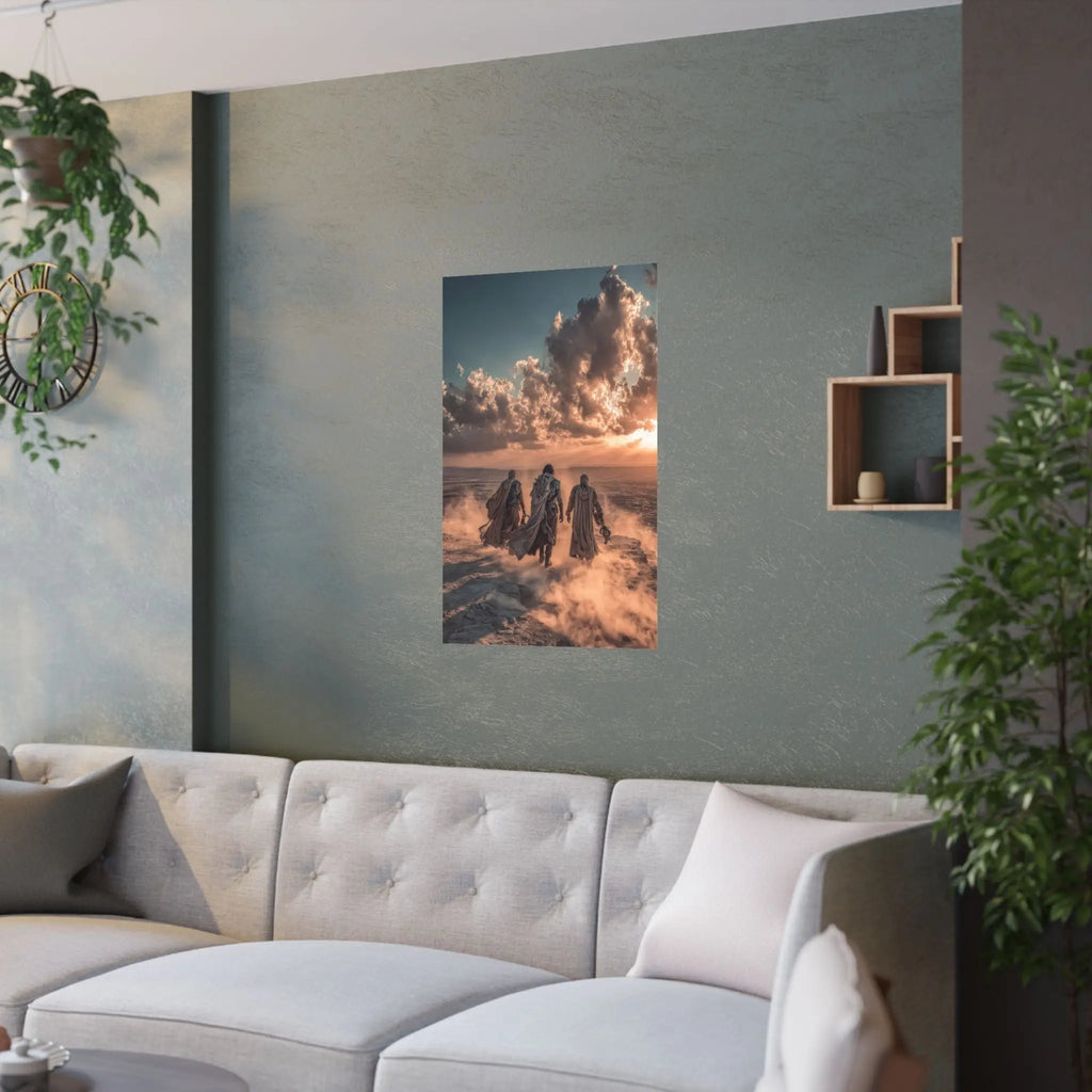 Desert Wanderers Satin Poster – Cinematic Sunset Adventure Wall Art Printify
