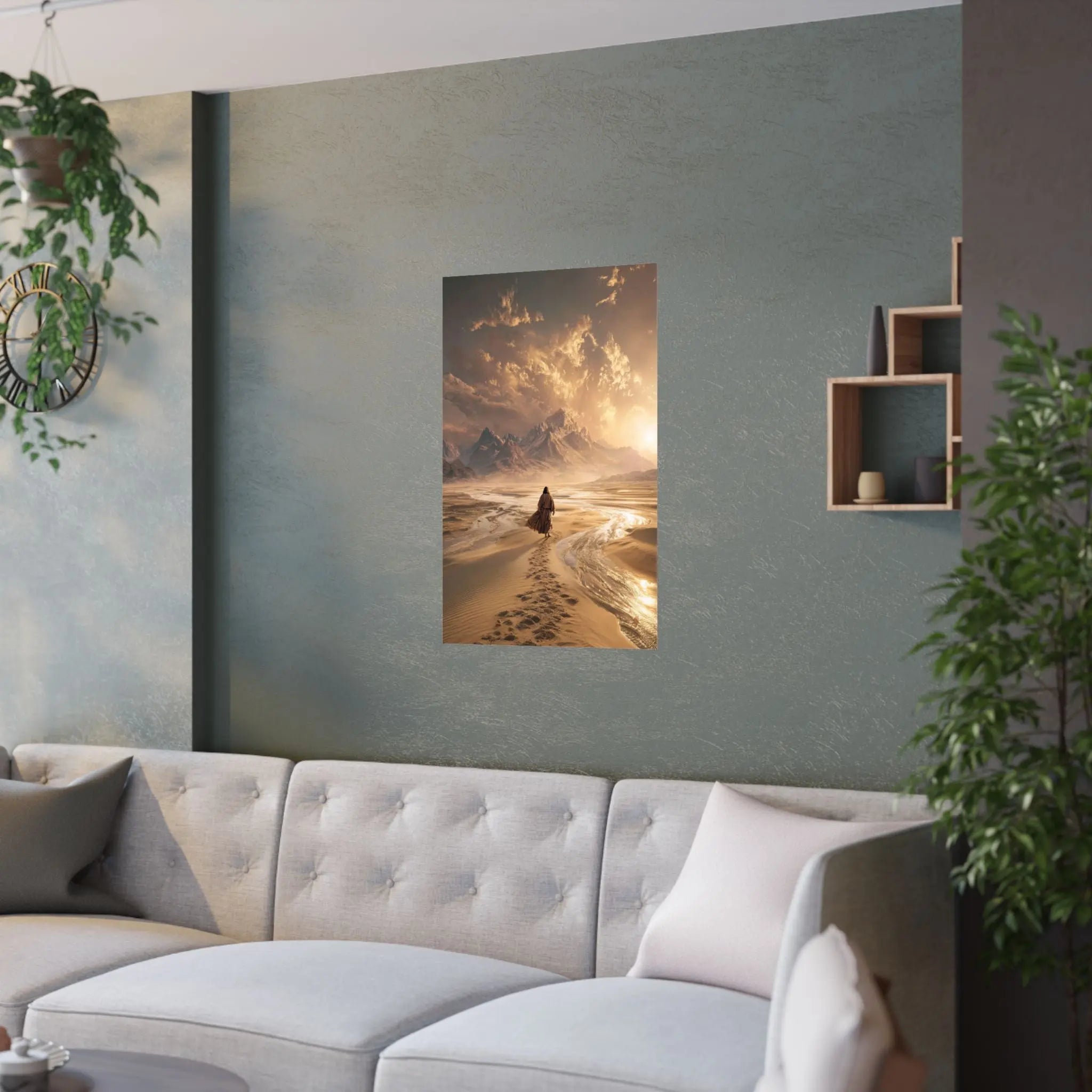 Jesus in The Dessert Satin Poster — Epic Sunset Landscape Wall Art (210gsm) Printify