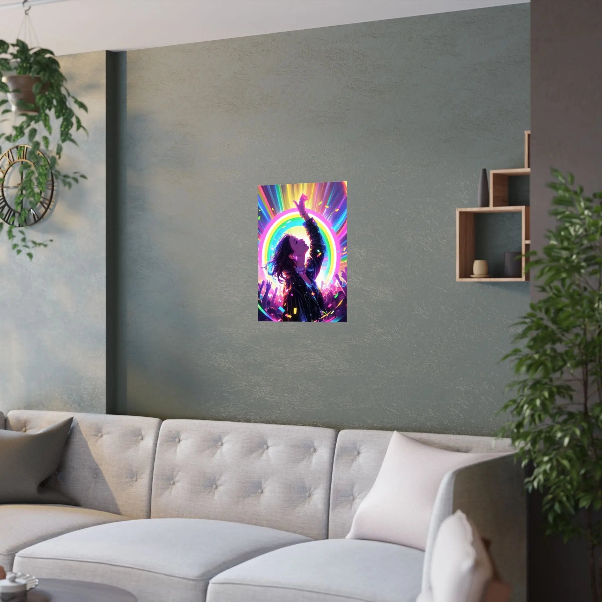 Satin Poster — Neon Concert Girl Rainbow Art Print Printify