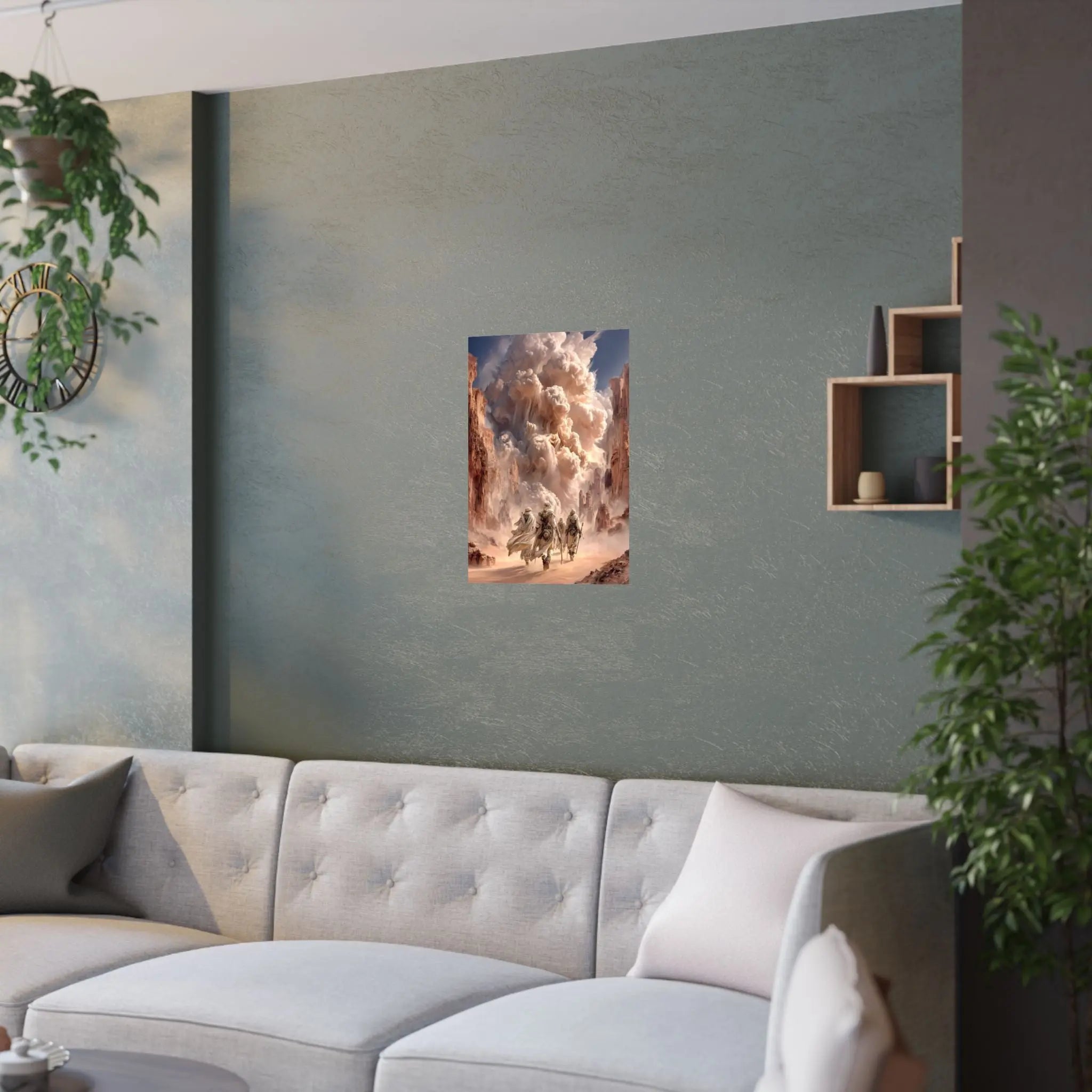 Desert Pilgrimage Satin Poster — Dramatic Sandstorm Fantasy Wall Art Printify