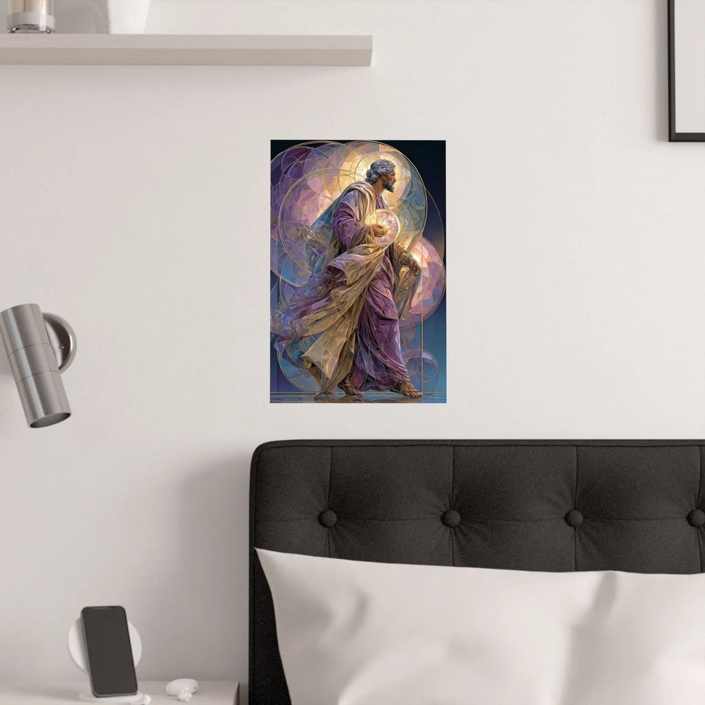Religious Art Poster — Stained-Glass Saint Holding Orb Satin Print Printify