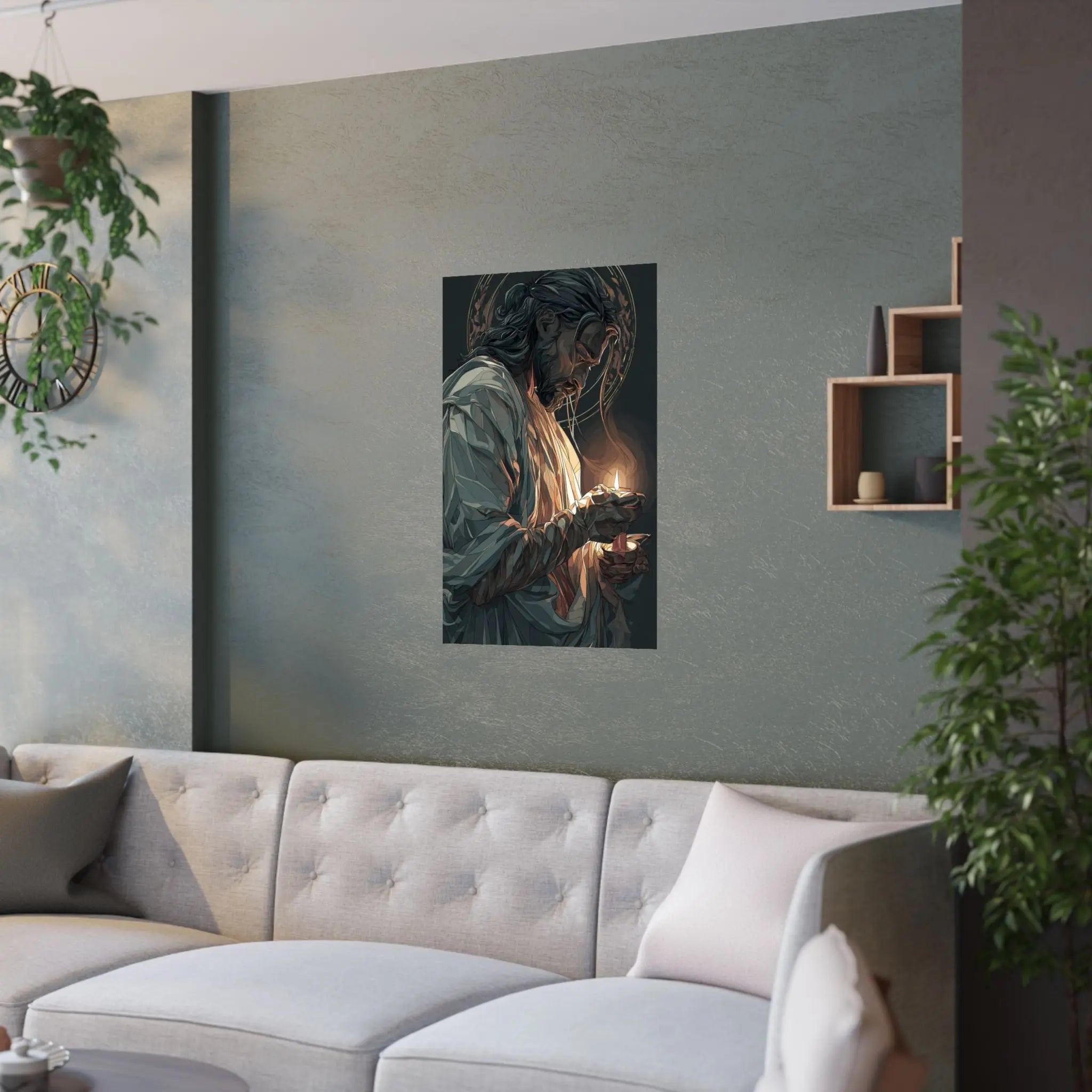 Satin Poster — Devotional Jesus Holding Candlelight (210gsm) Printify
