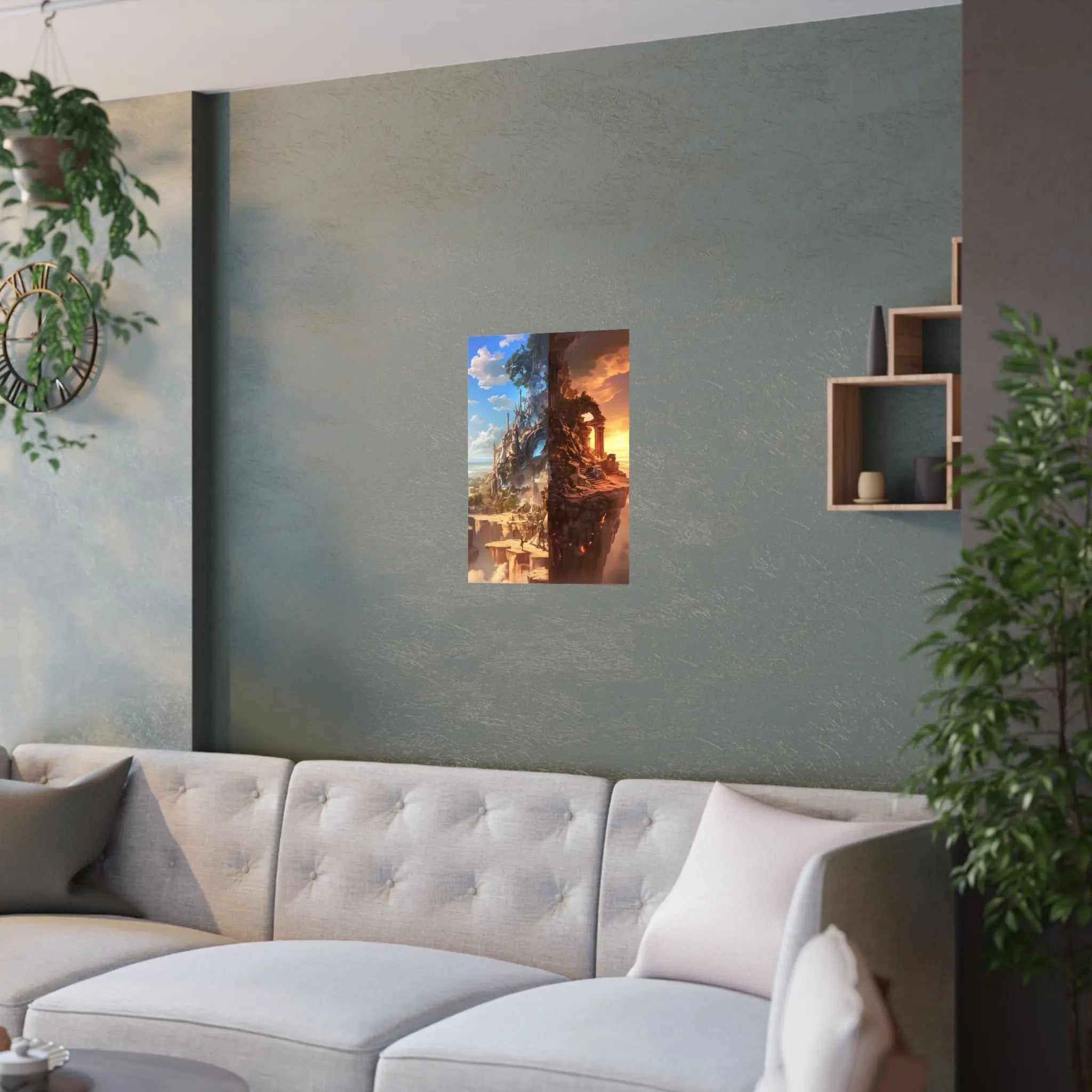 Fantasy Split-World Satin Poster (210gsm) — Day & Night Landscape Art Print Printify