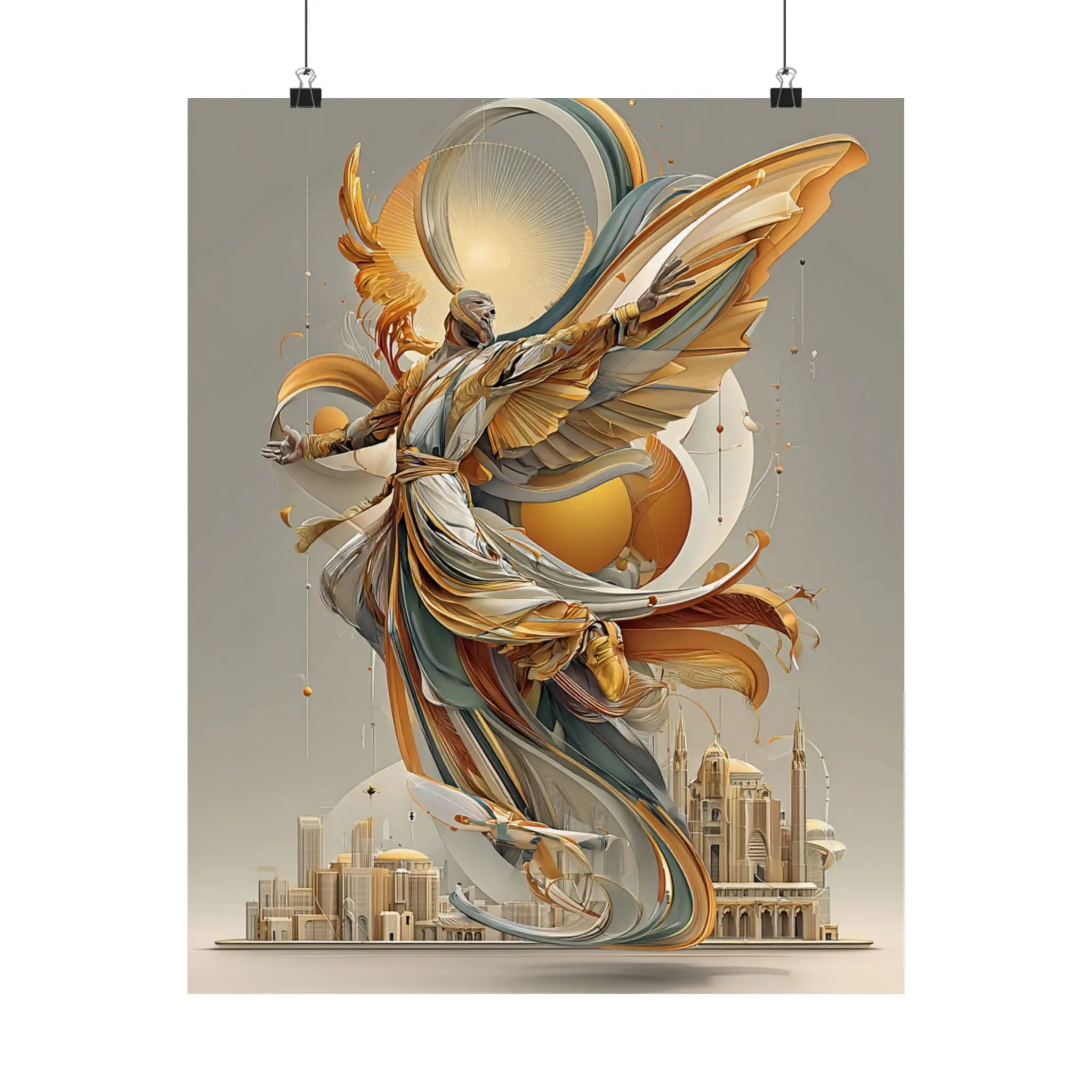 Satin Art Poster — Golden Angel Cityscape (210gsm) Printify