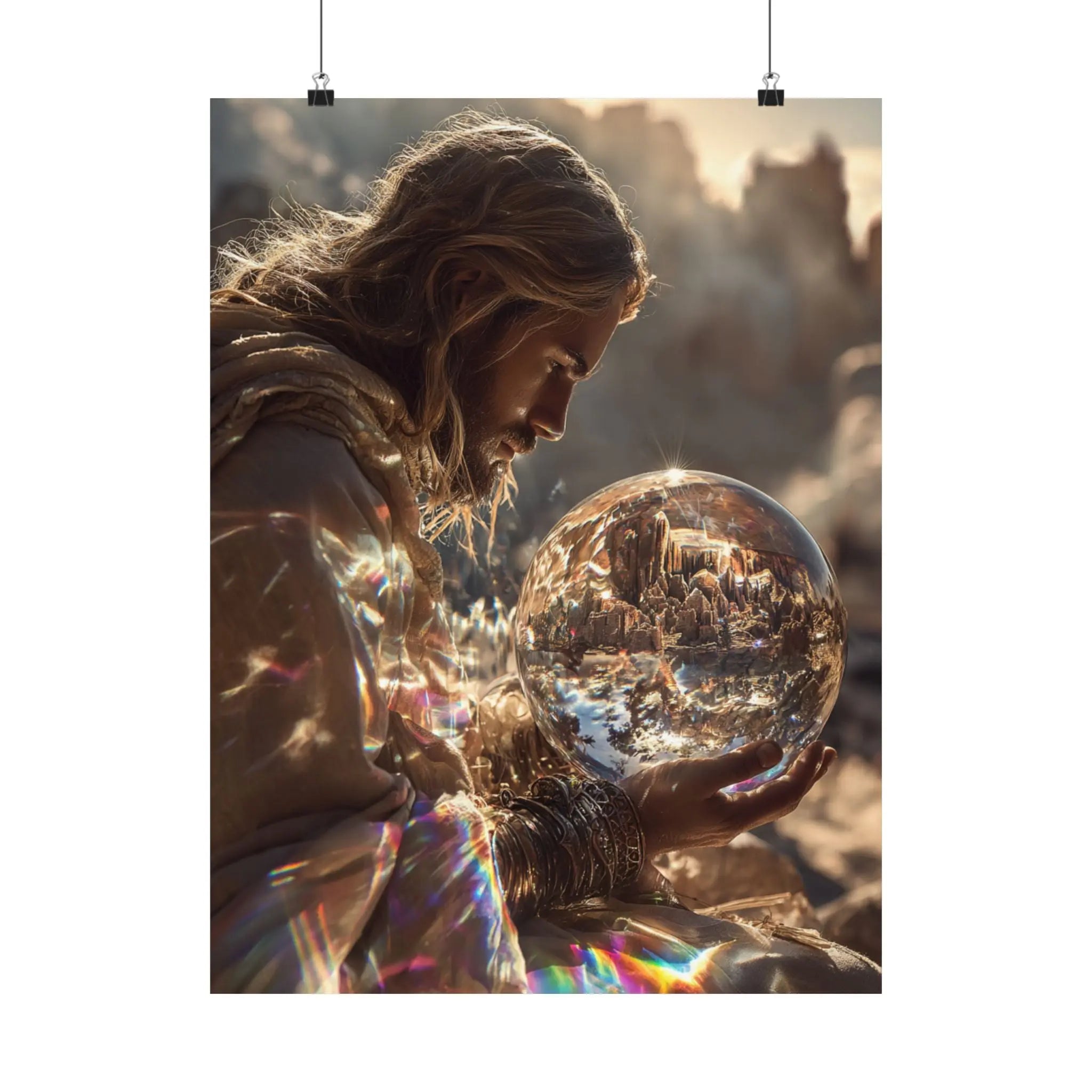 Satin Poster — Mystic Jesus Holding Crystal Orb Art Print Printify