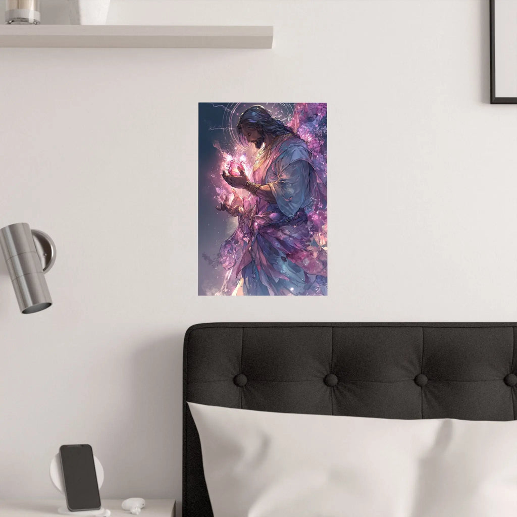 Satin Poster — Radiant Christ Holding Heart Illustration (210gsm) Printify