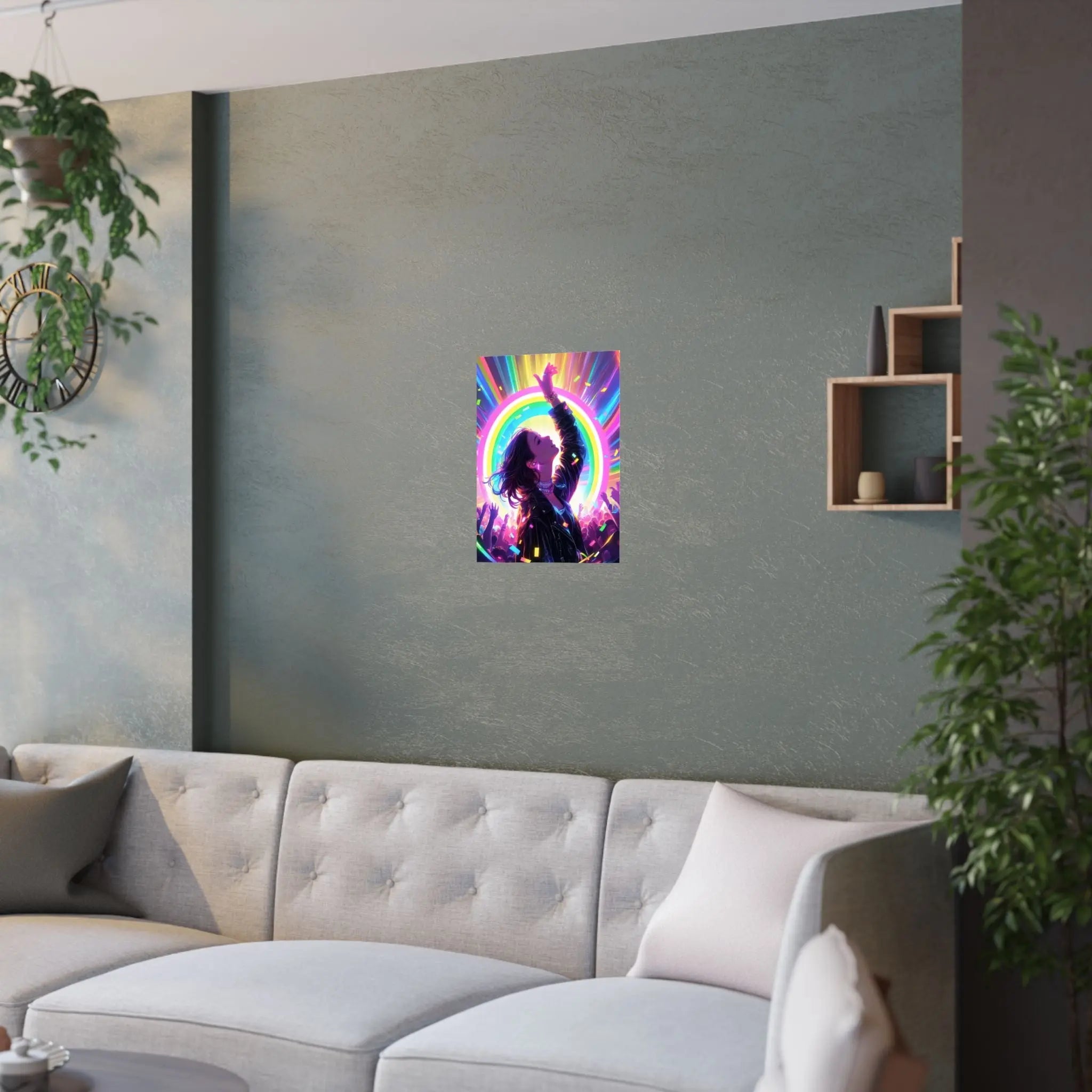 Satin Poster — Neon Concert Girl Rainbow Art Print Printify