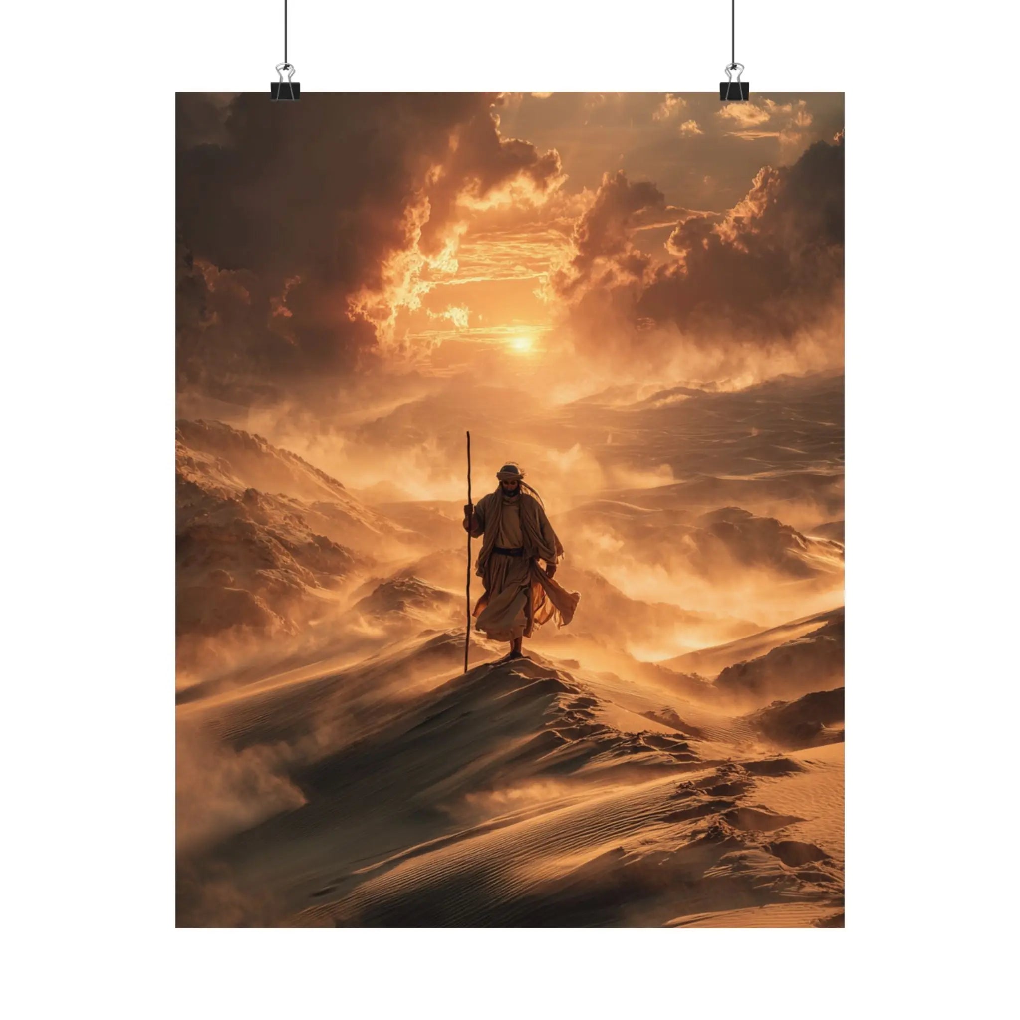 Satin Poster — Jesus on Fiery Dunes Sunset Wall Art Printify