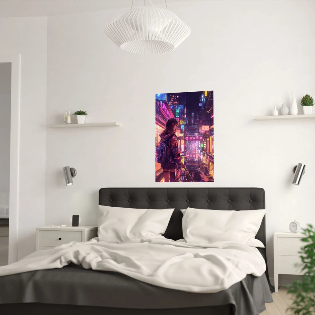 Satin Poster — Neon Cyber City Girl (210gsm) Printify
