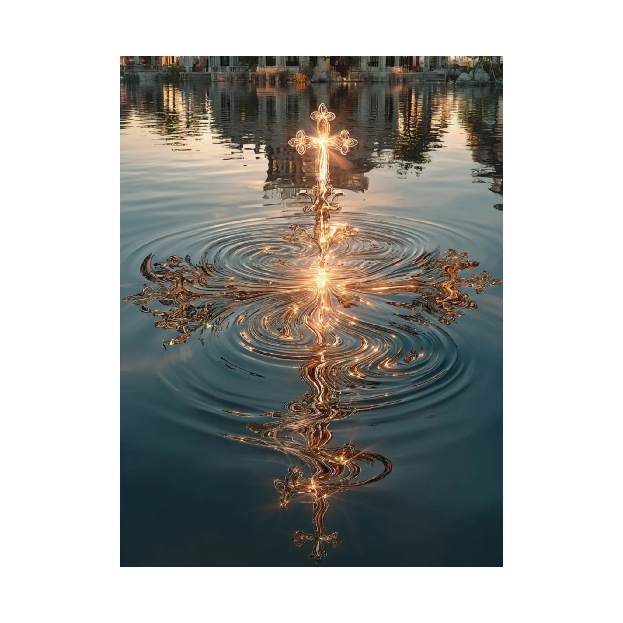 Satin Poster — Golden Cross Water Reflection Art Print Printify