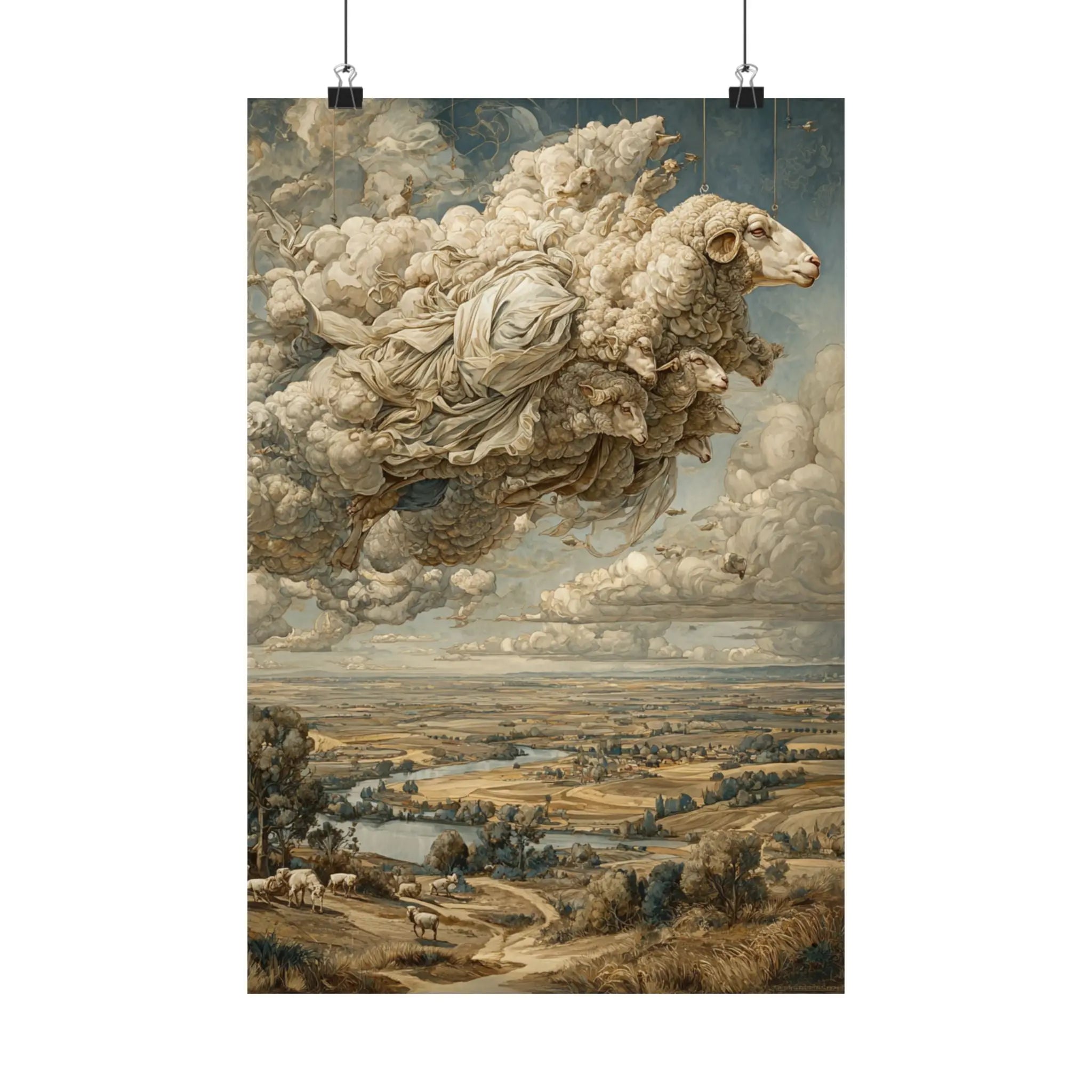 Surreal Cloud Sheep Satin Poster — Dreamscape Landscape Art Print Printify