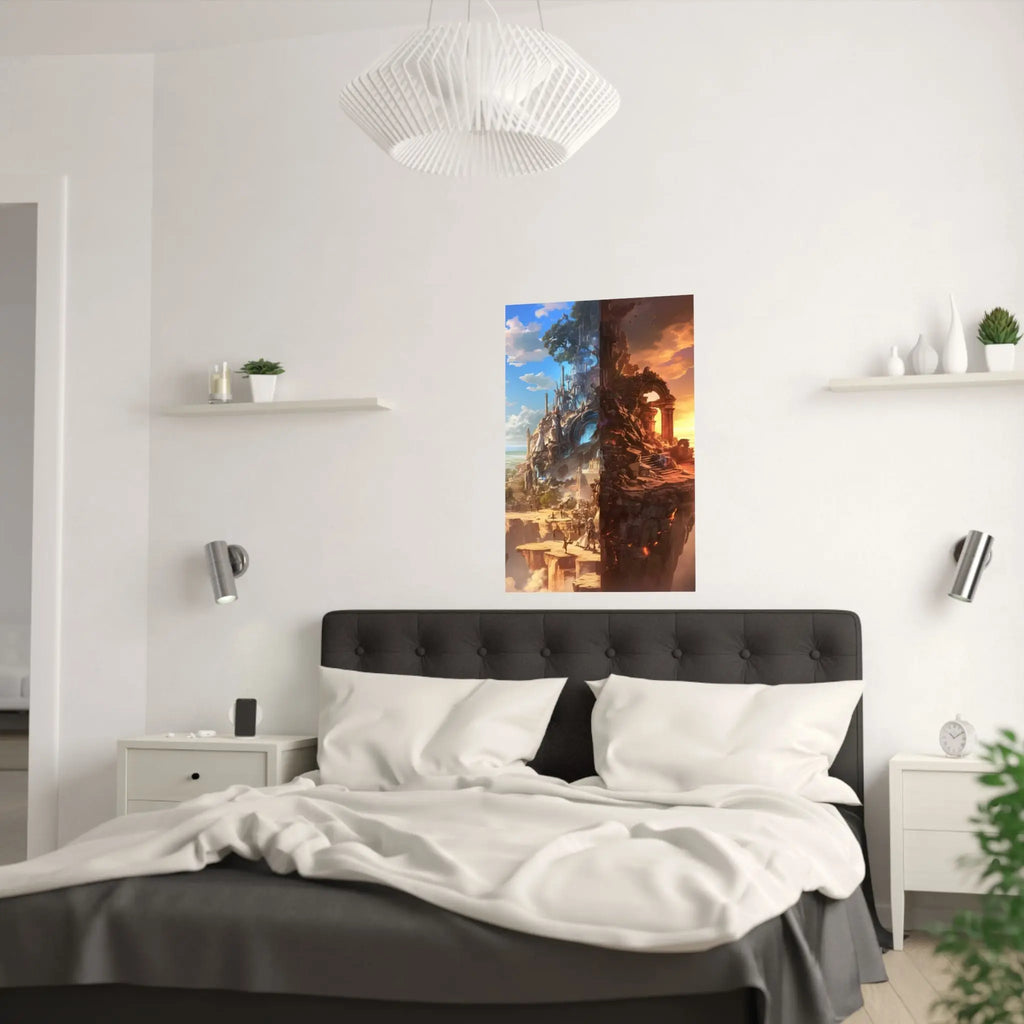 Fantasy Split-World Satin Poster (210gsm) — Day & Night Landscape Art Print Printify