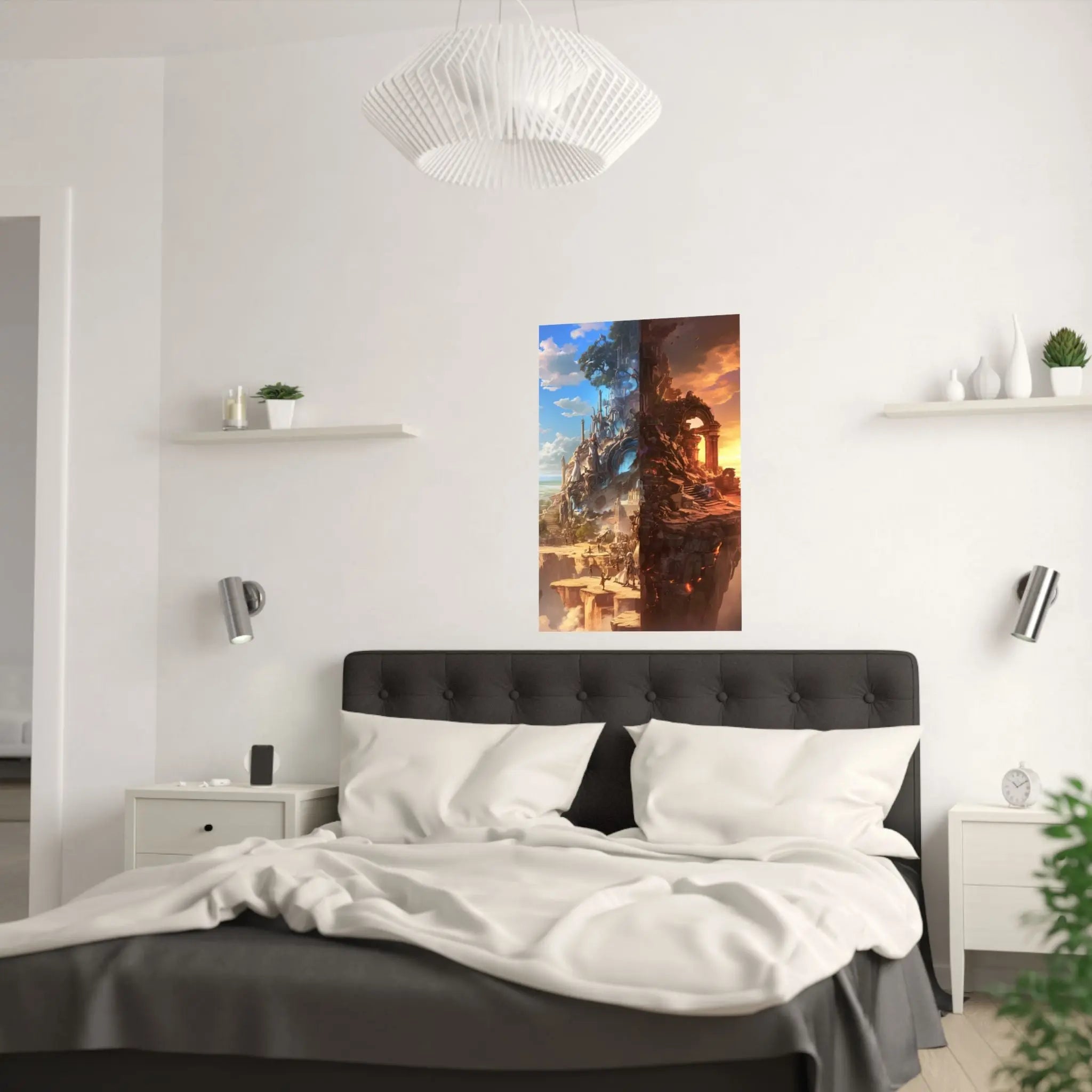 Fantasy Split-World Satin Poster (210gsm) — Day & Night Landscape Art Print Printify