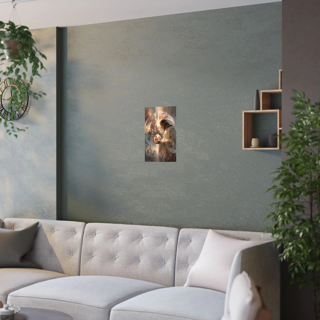Satin Poster — Jesus The Spiritual Guardian Holding Lighted Globe (210gsm) Printify