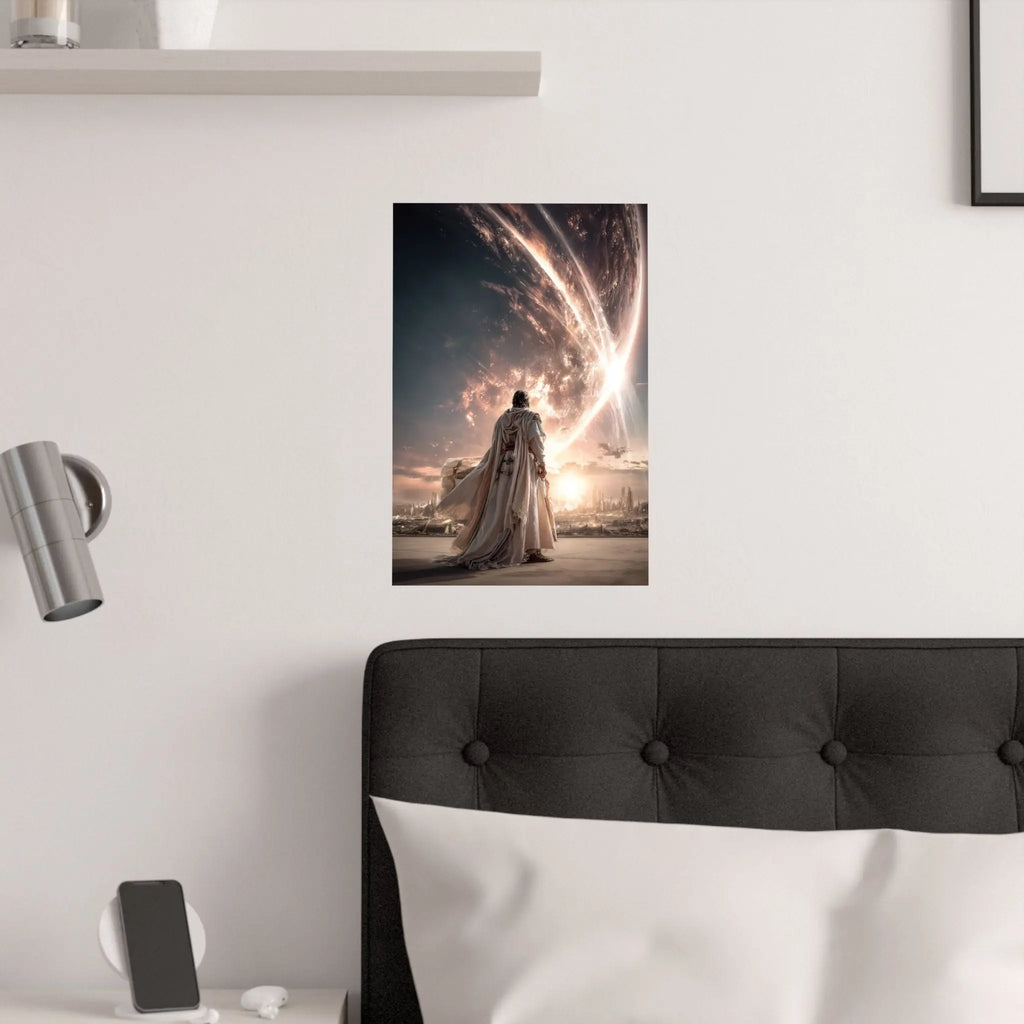 Epic Sci‑Fi Poster — Lone Figure Walking Toward Stellar City (Satin 210gsm) Printify