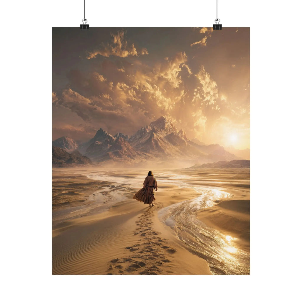 Jesus in The Dessert Satin Poster — Epic Sunset Landscape Wall Art (210gsm) Printify