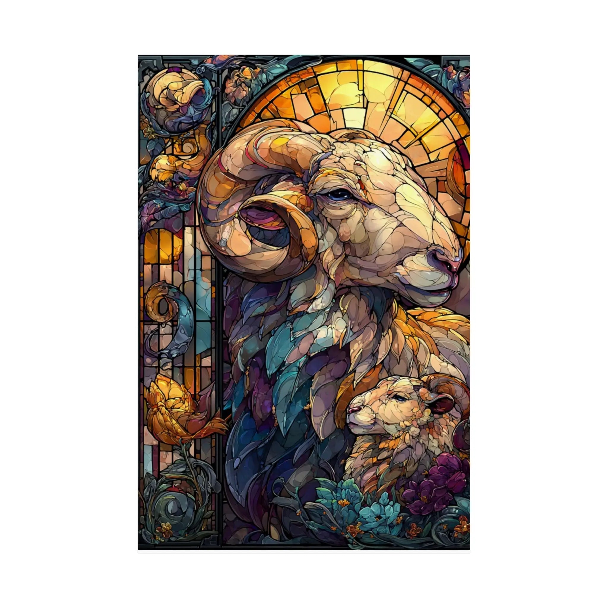 Stained Glass Ram Satin Poster — Zodiac Aries Art Print Printify