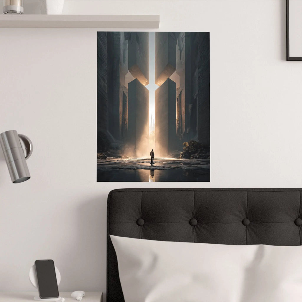Satin Poster — Solitary Figure at Golden Gateway (Large Art Print) Printify