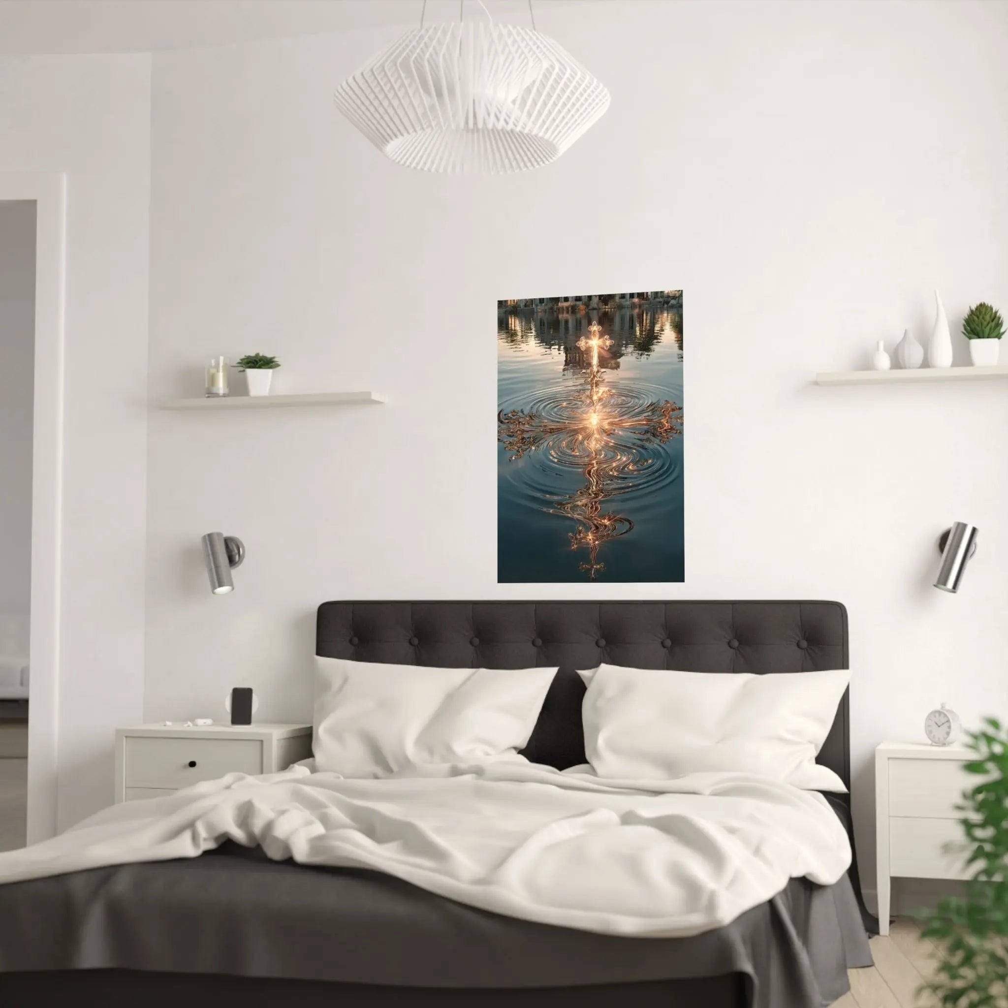 Satin Poster — Golden Cross Water Reflection Art Print Printify