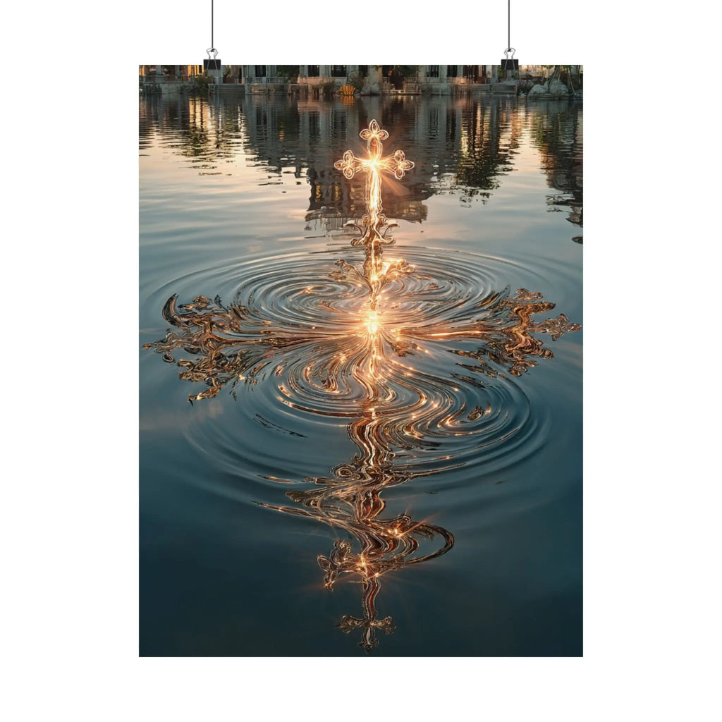 Satin Poster — Golden Cross Water Reflection Art Print Printify