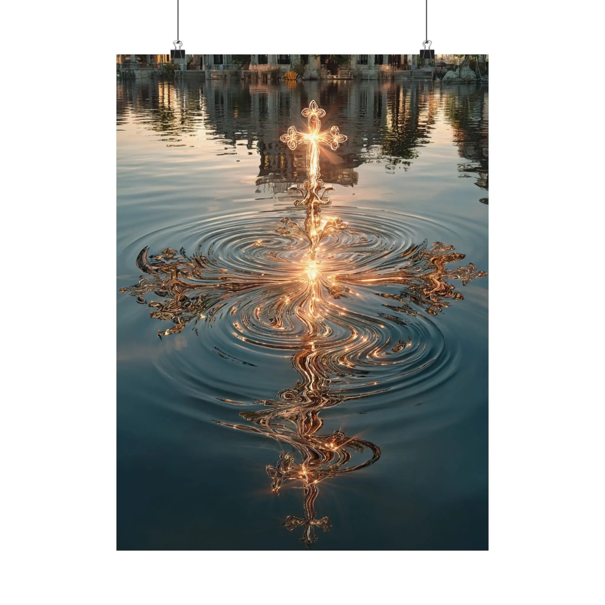 Satin Poster — Golden Cross Water Reflection Art Print Printify