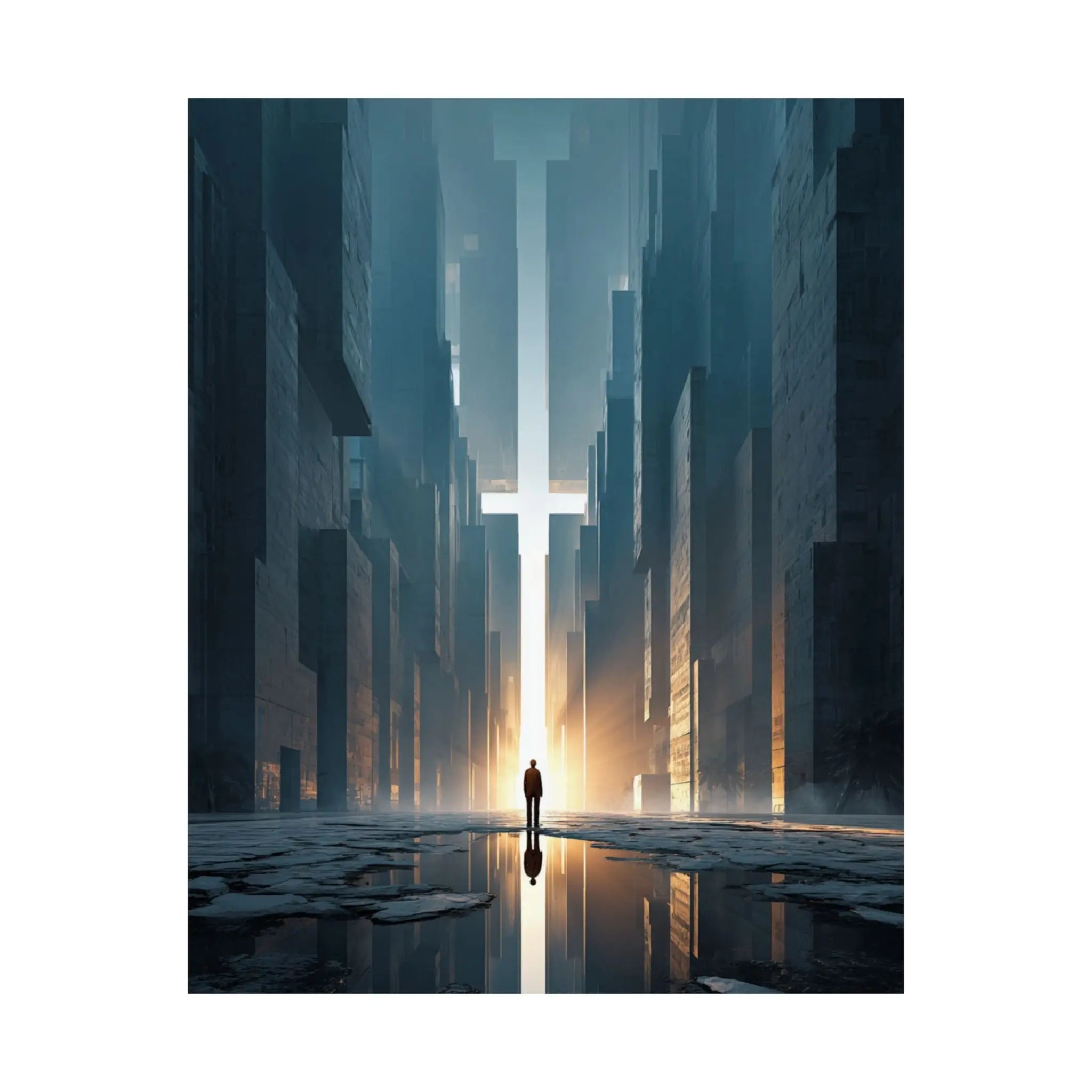 Satin Poster — Solitary Figure in Futuristic Cityscape (210gsm) Printify