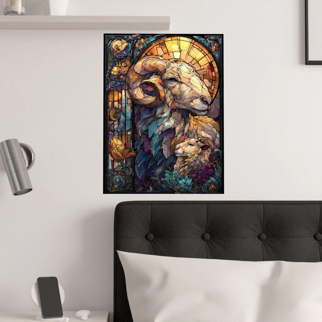Stained Glass Ram Satin Poster — Zodiac Aries Art Print Printify
