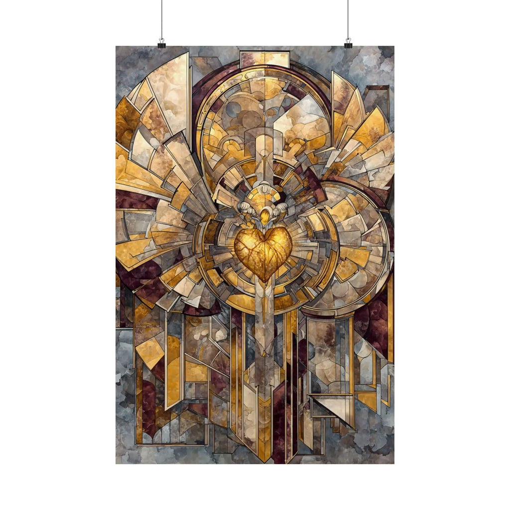 Satin Poster — Golden Sacred Heart Stained-Glass Art Print Printify
