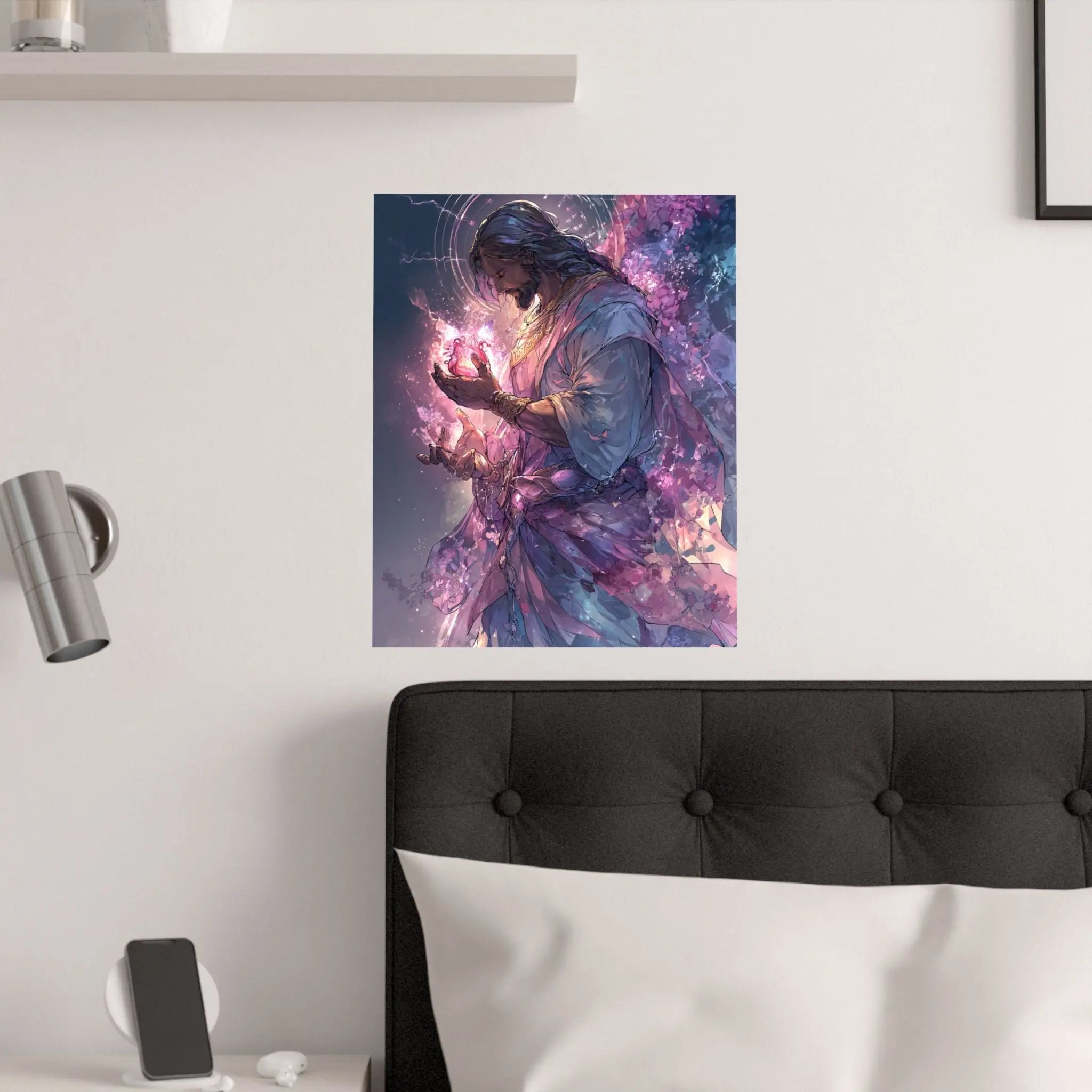 Satin Poster — Radiant Christ Holding Heart Illustration (210gsm) Printify