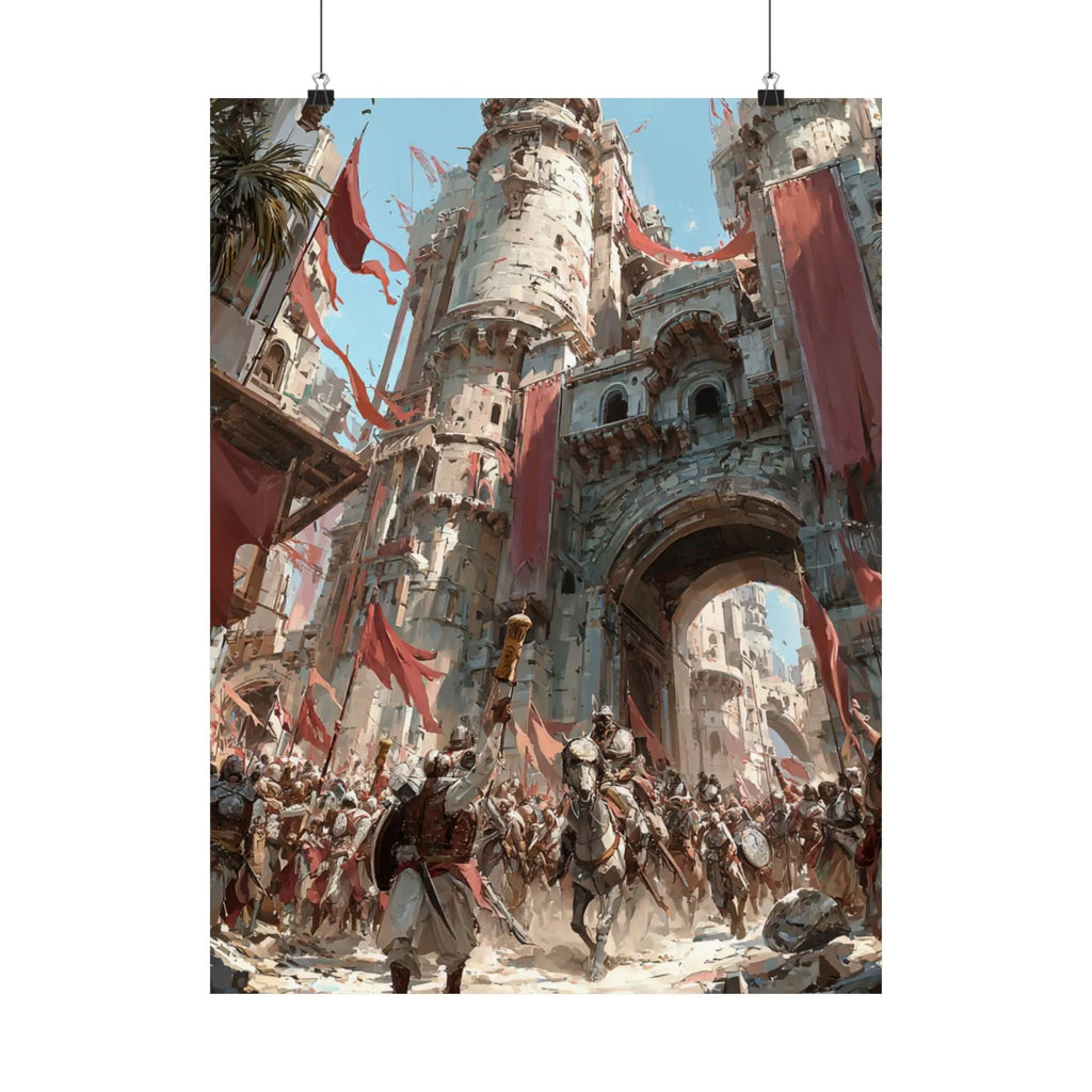 Medieval City Gates Satin Poster — Epic Castle Battle Art Print (210gsm) Printify