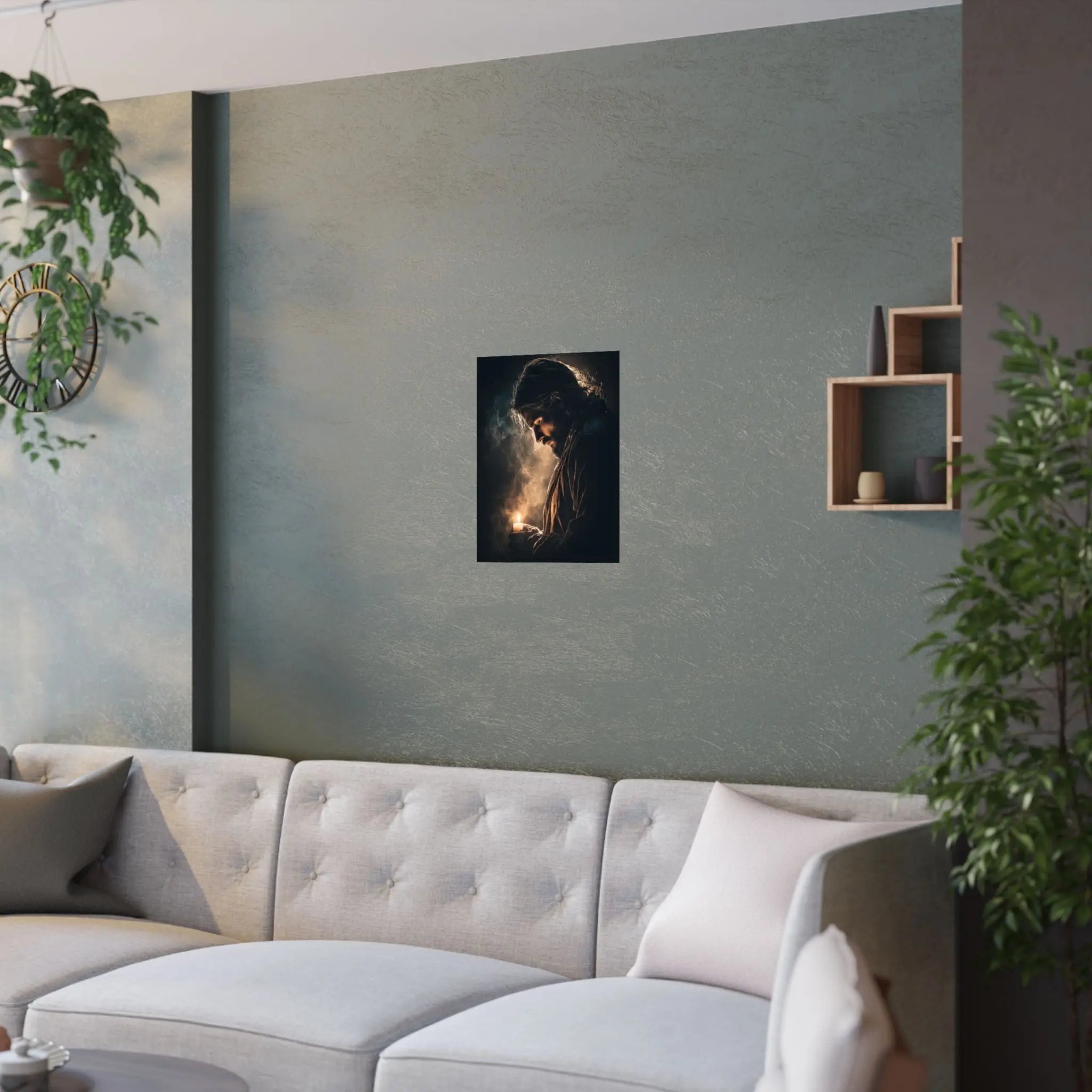 Religious Satin Poster — Jesus Holding Candle Wall Art Printify