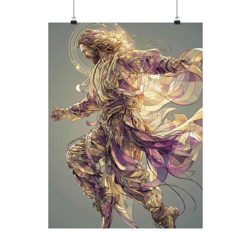 Jesus Christ Satin Poster — Ethereal Gold & Purple Religious Wall Art Printify