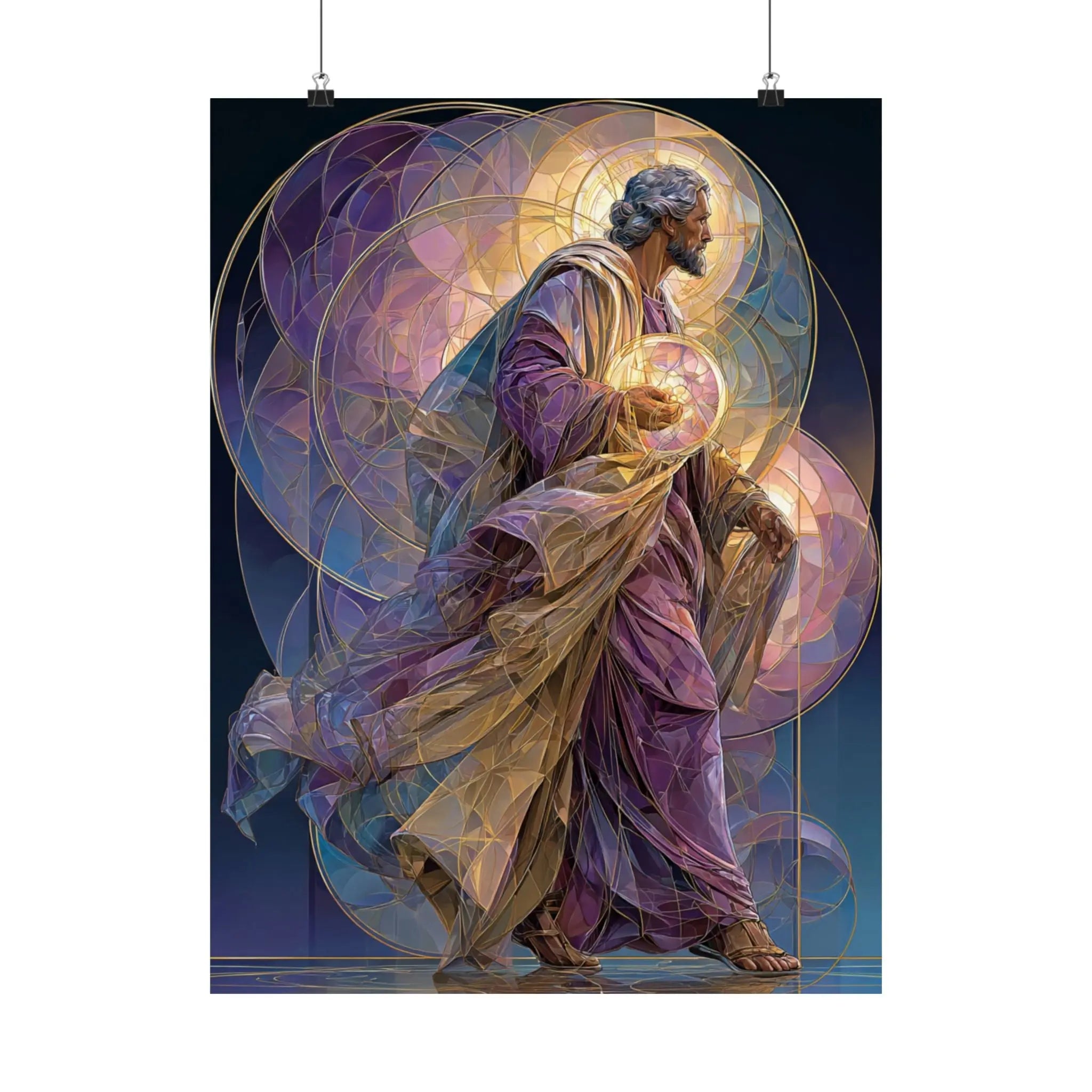 Religious Art Poster — Stained-Glass Saint Holding Orb Satin Print Printify