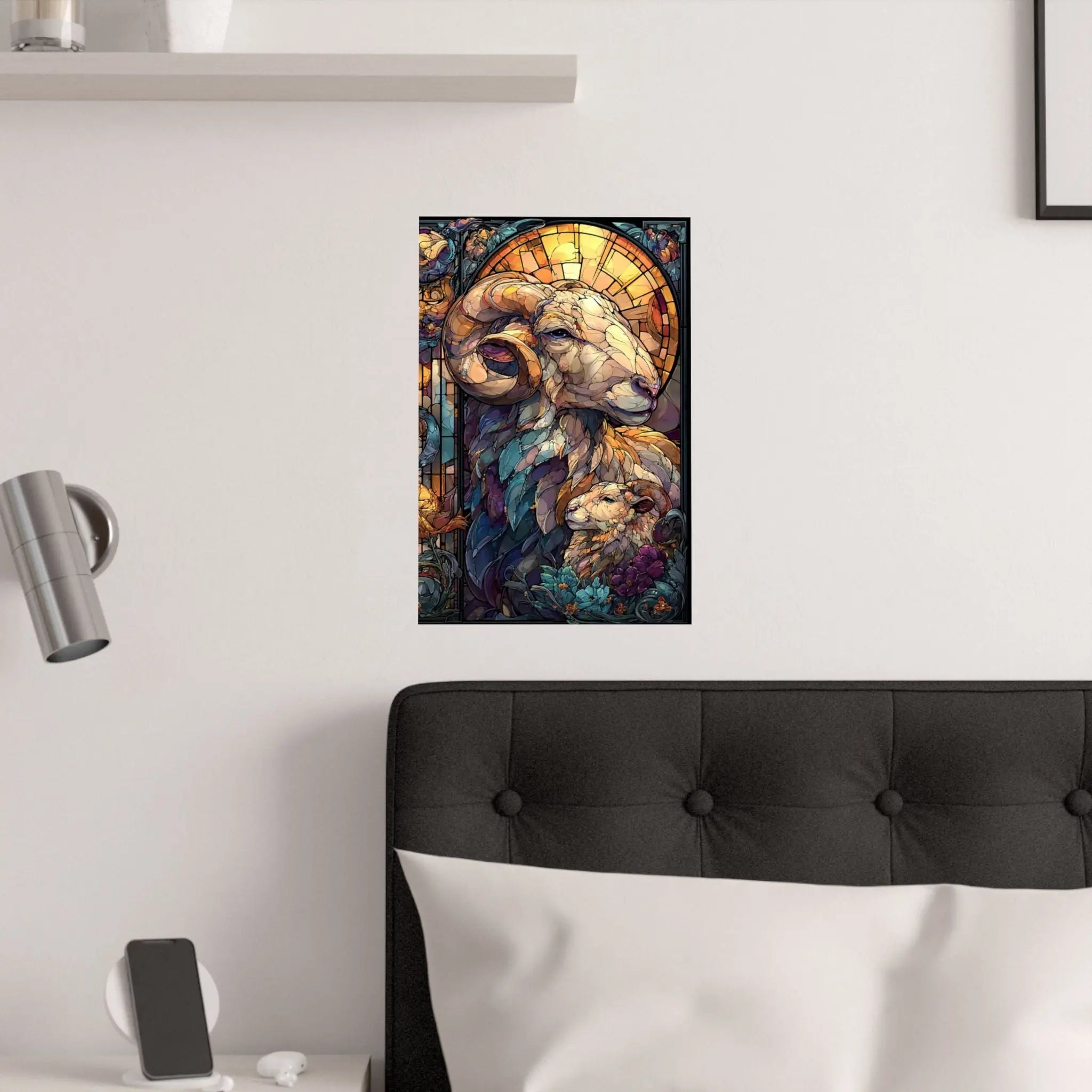 Stained Glass Ram Satin Poster — Zodiac Aries Art Print Printify