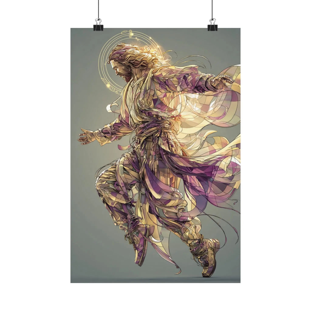 Jesus Christ Satin Poster — Ethereal Gold & Purple Religious Wall Art Printify